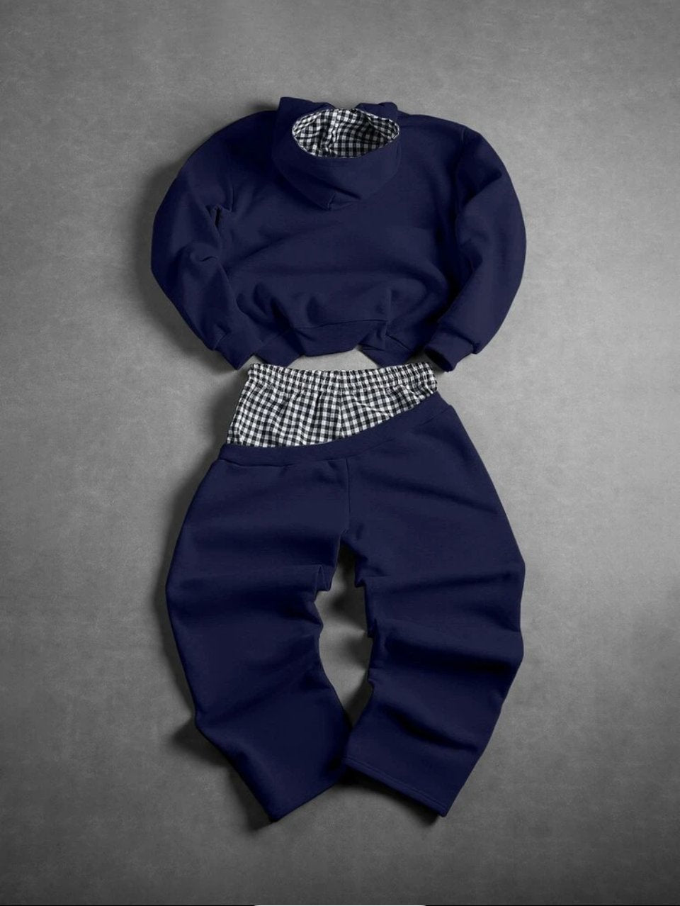 Zip Hoodie and Joggers Set Navy - Gingham Lining Baggy Tracksuit