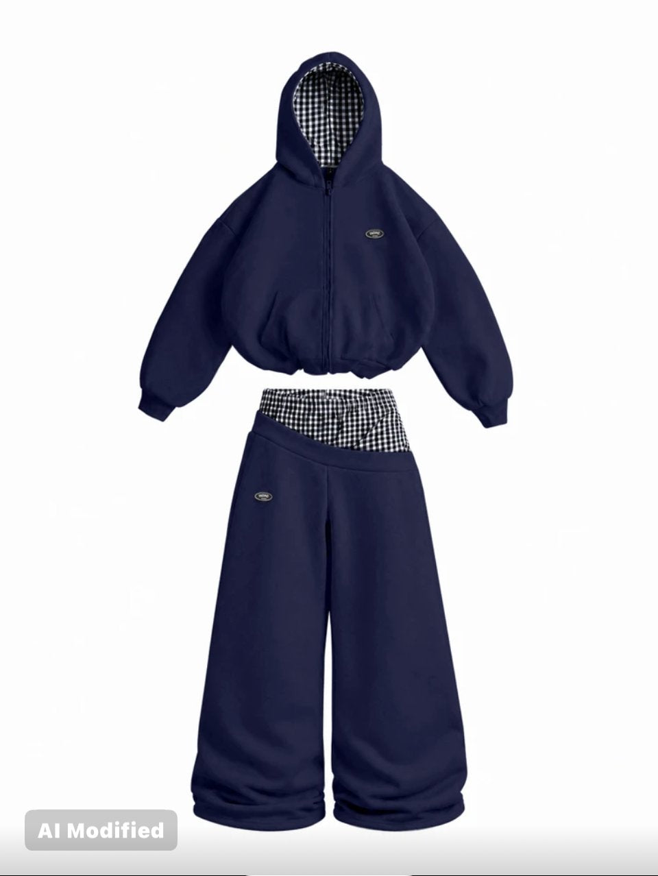 Zip Hoodie and Joggers Set Navy - Gingham Lining Baggy Tracksuit