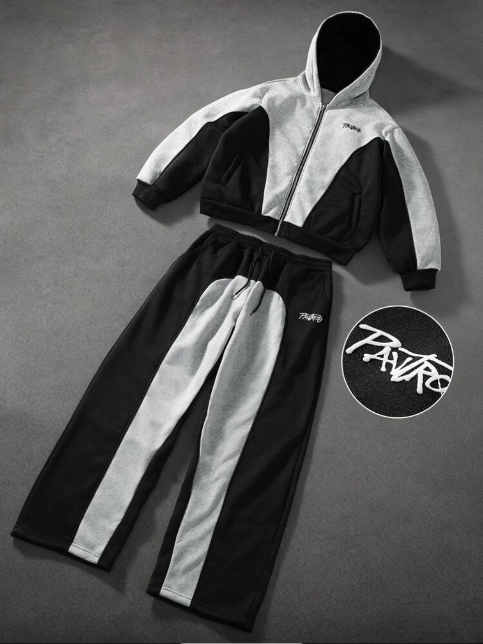 Pavaros Zip Hoodie and Joggers Set Black White - Colour Block Tracksuit