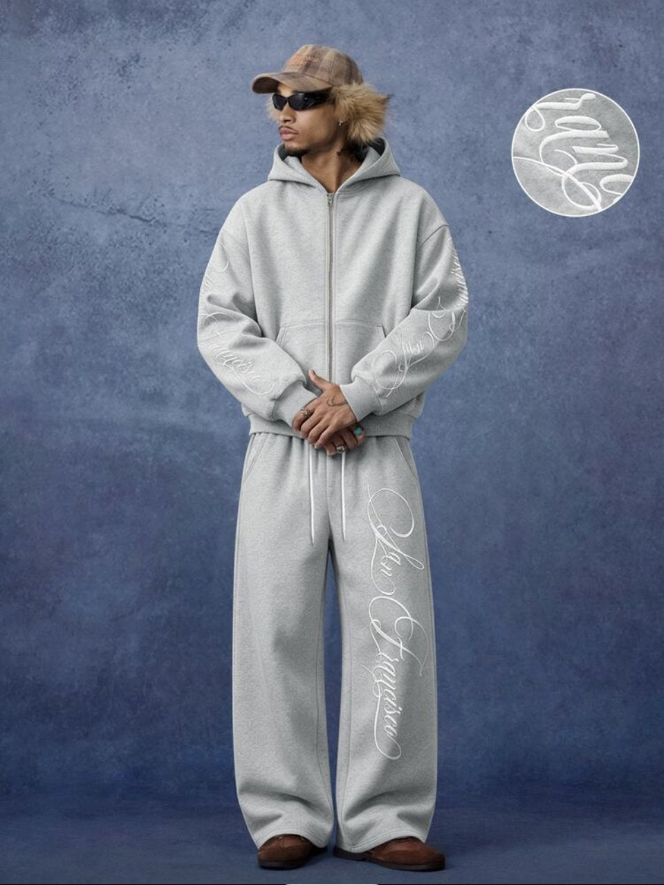 San Francisco Zip Hoodie and Joggers Set Grey - Embroidered Script Tracksuit