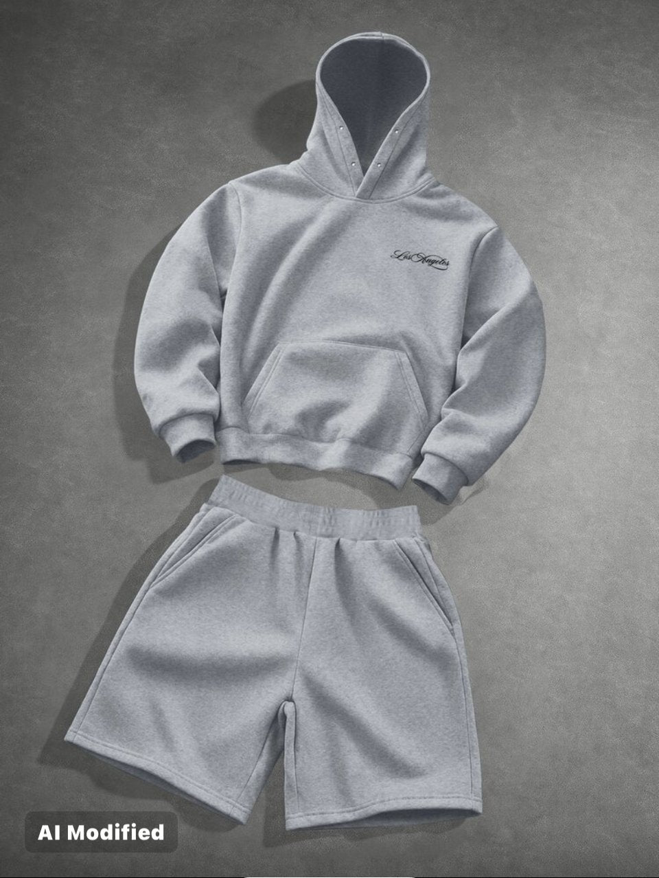 Los Angeles Hoodie and Shorts Set Grey - Script Embroidery Two Piece