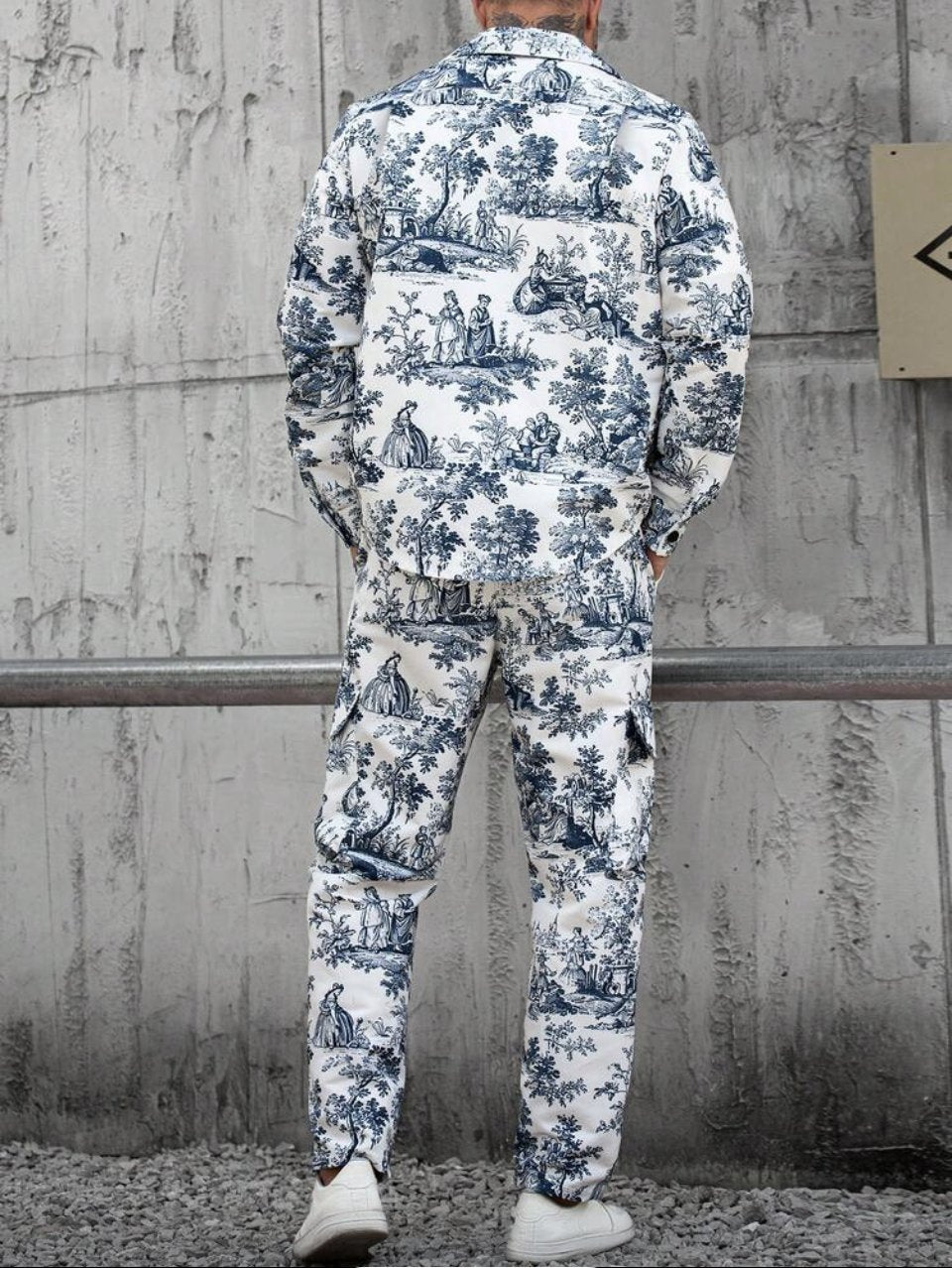 Toile Print Jacket and Pants Set Blue White - Vintage Pattern Two Piece