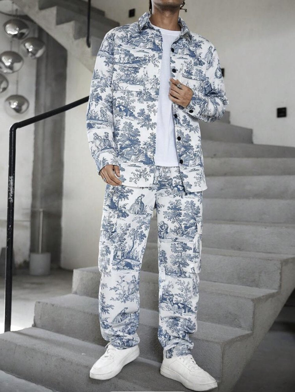 Toile Print Jacket and Pants Set Blue White - Vintage Pattern Two Piece
