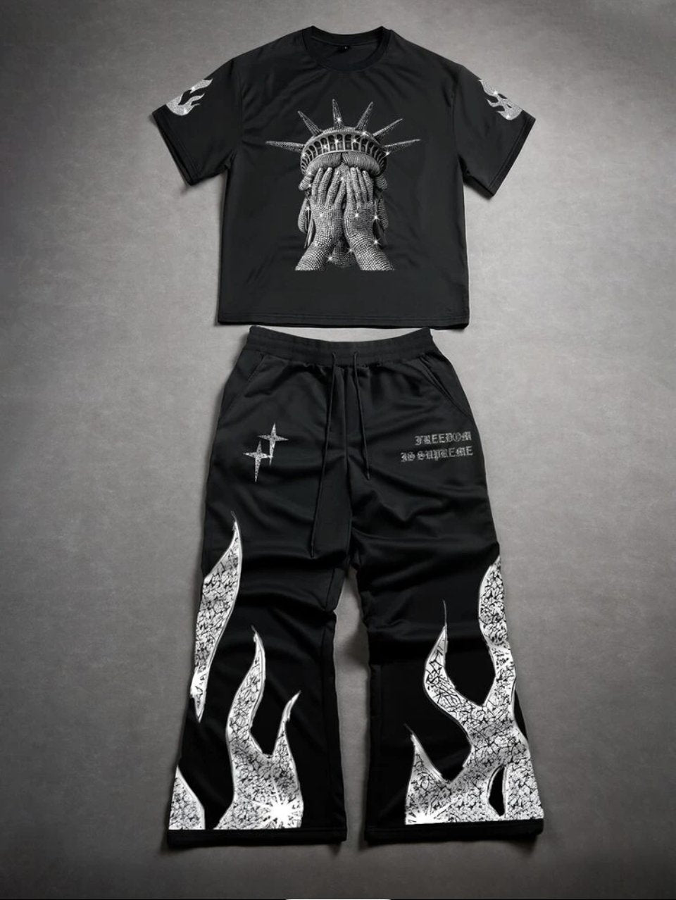 Liberty Tee and Flame Pants Set Black - Graphic Streetwear Two Piece