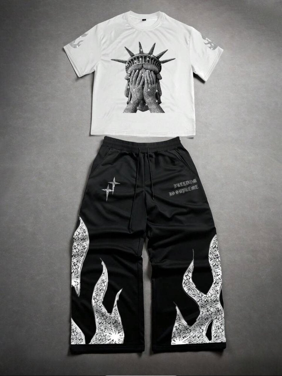 Liberty Tee and Flame Pants Set White Black - Graphic Streetwear Two Piece