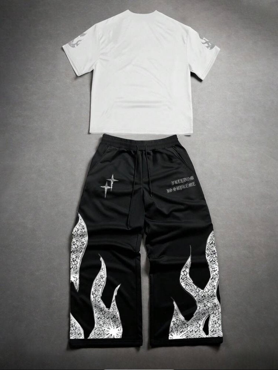 Liberty Tee and Flame Pants Set White Black - Graphic Streetwear Two Piece