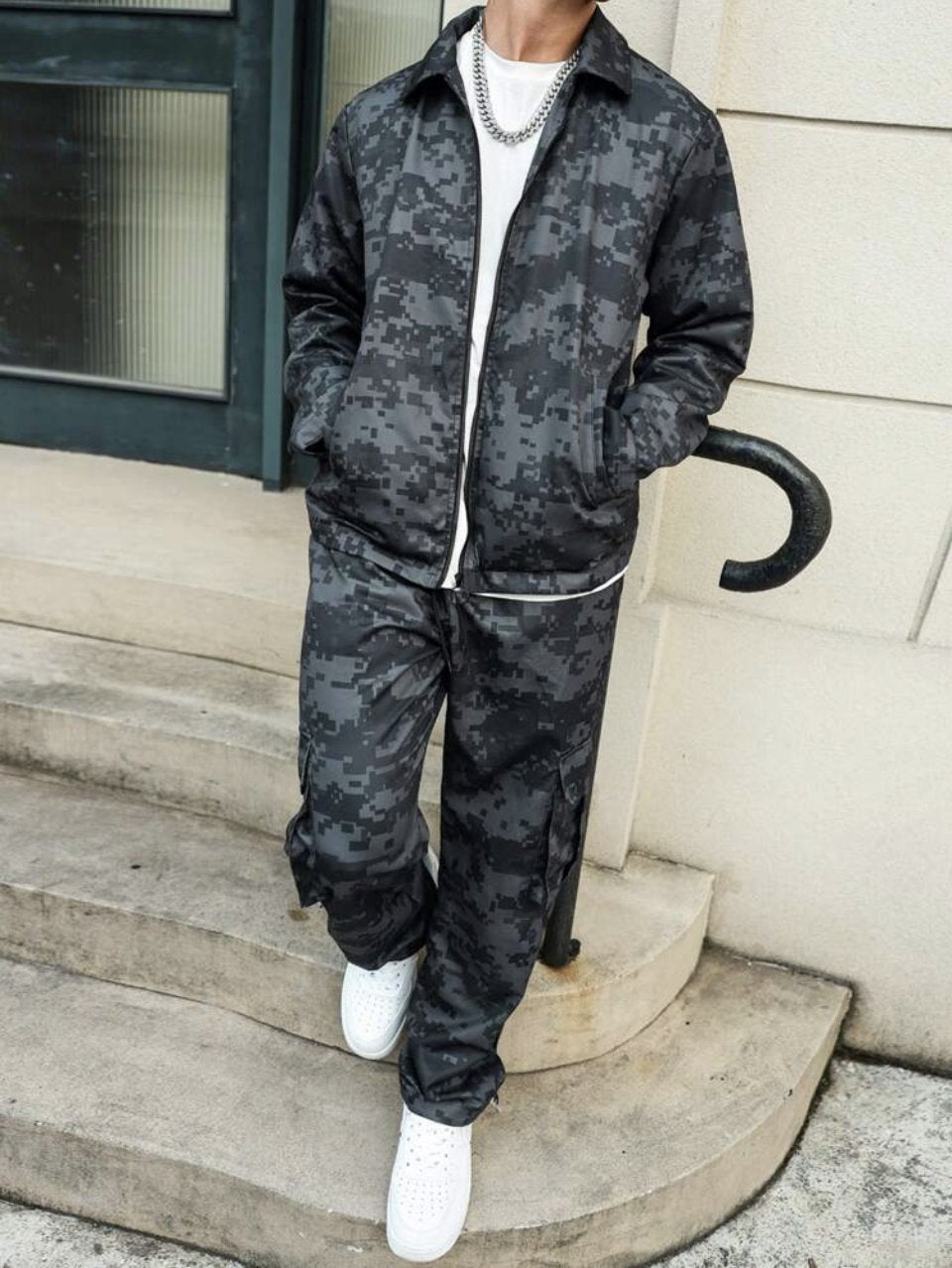 Grey Camo Jacket and Cargo Pants Set - Streetwear Two Piece