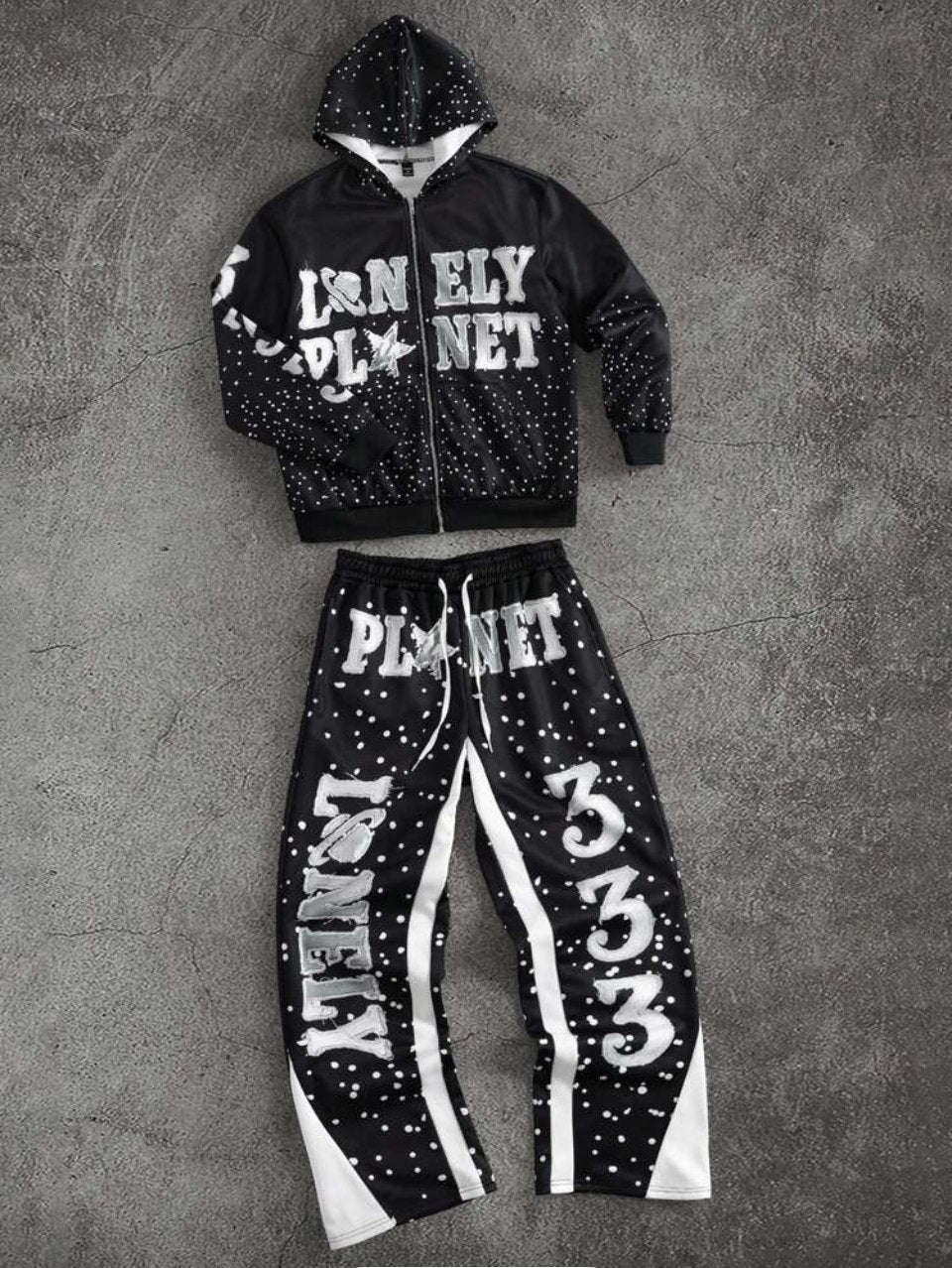 Lonely Planet 333 Zip Hoodie and Joggers Set Black - Rhinestone Tracksuit