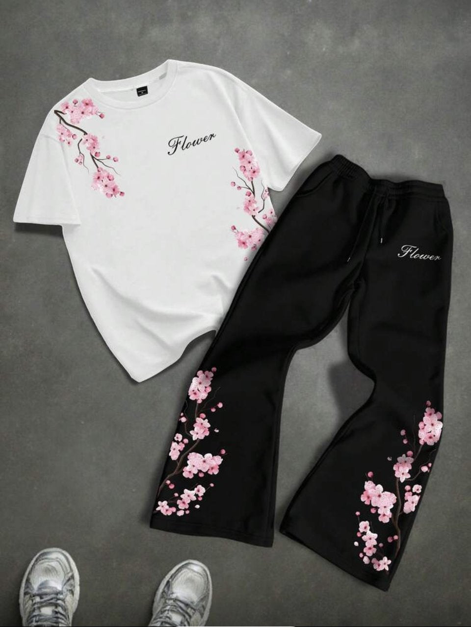 Sakura Flower Tee and Pants Set White Black - Cherry Blossom Two Piece