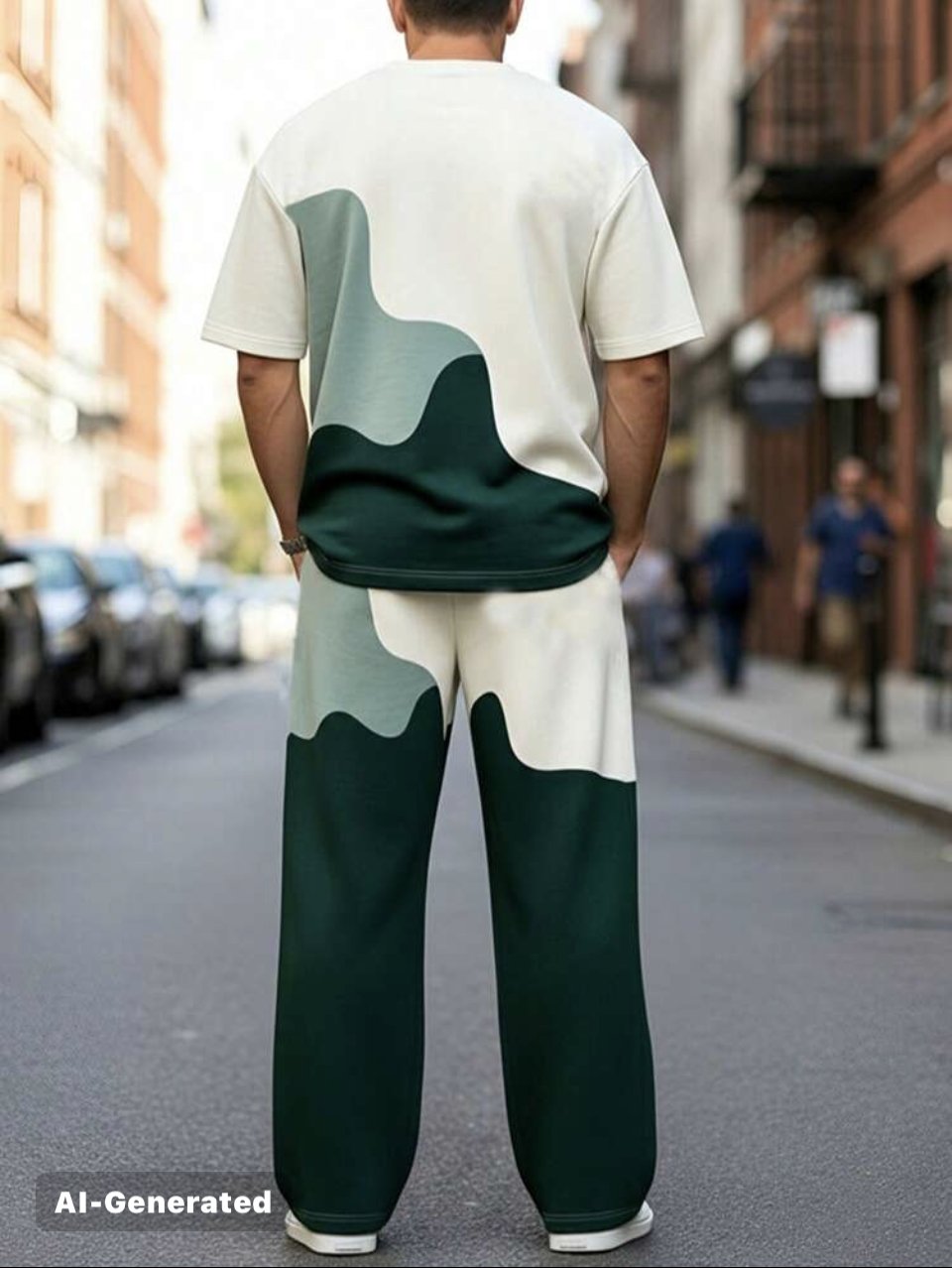 Wave Colour Block Tee and Pants Set Green Cream - Two Piece