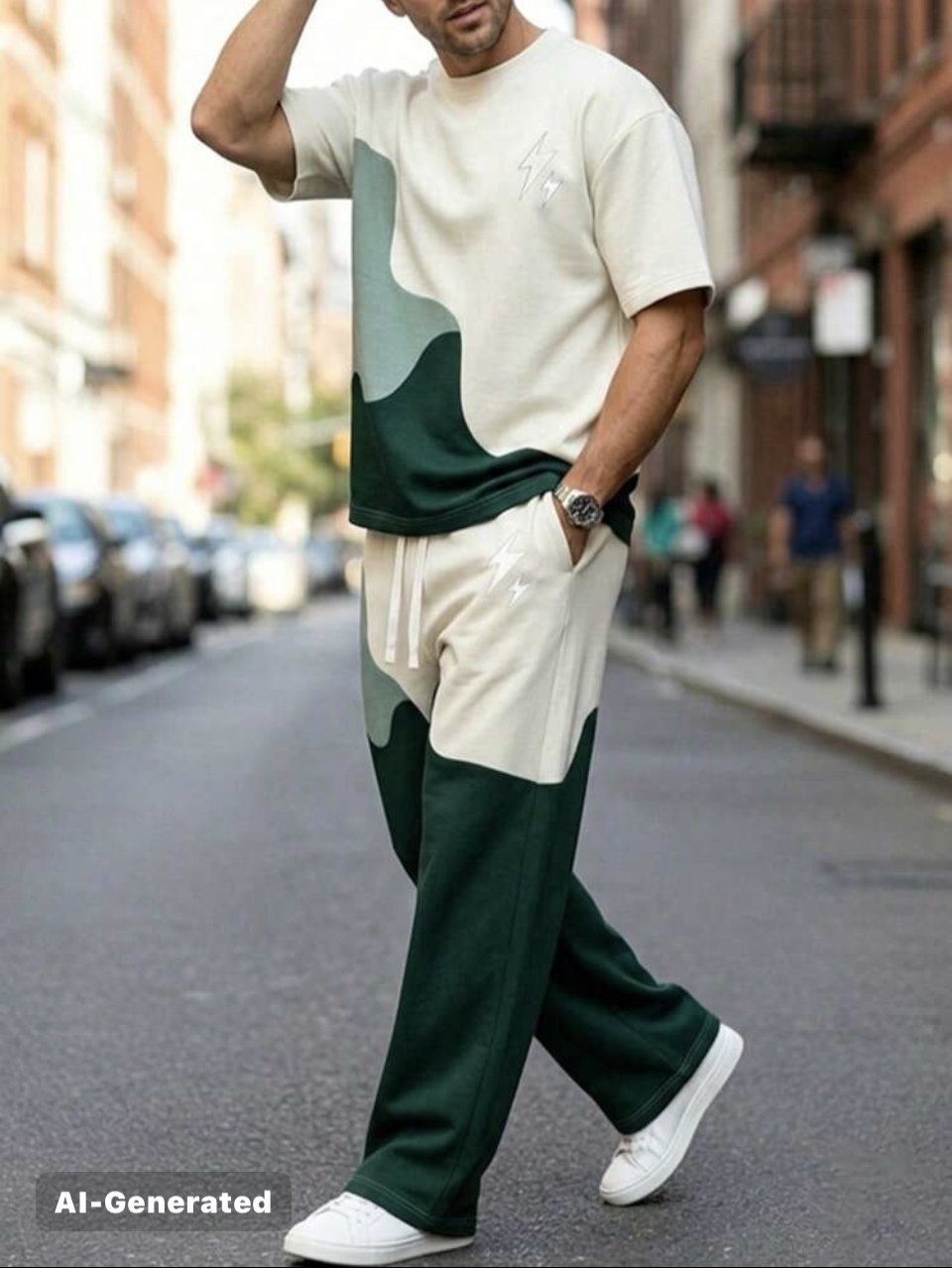 Wave Colour Block Tee and Pants Set Green Cream - Two Piece
