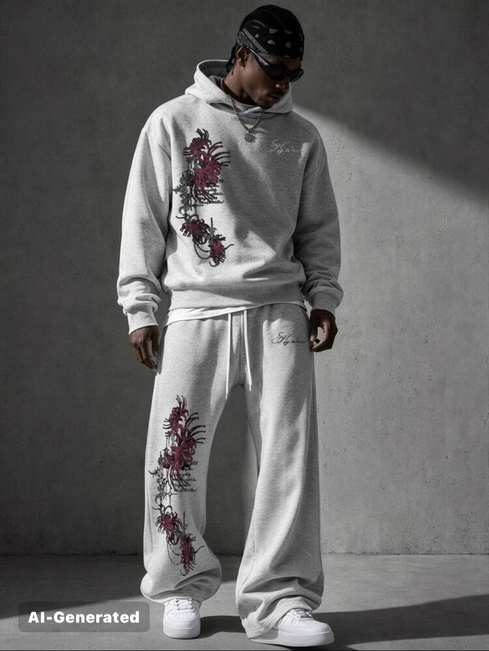 Floral Embroidered Hoodie and Joggers Set Grey - Streetwear Tracksuit