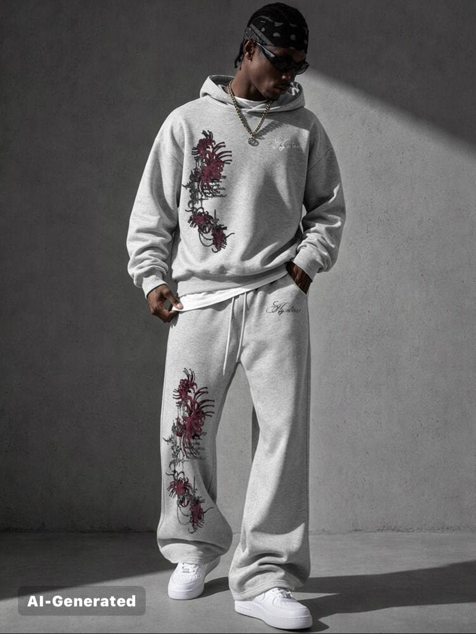 Floral Embroidered Hoodie and Joggers Set Grey - Streetwear Tracksuit
