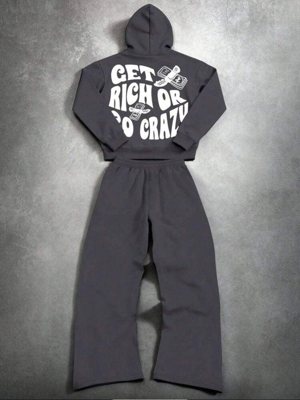 Get Rich Graphic Hoodie and Joggers Set Dark Grey - Star Print Tracksuit