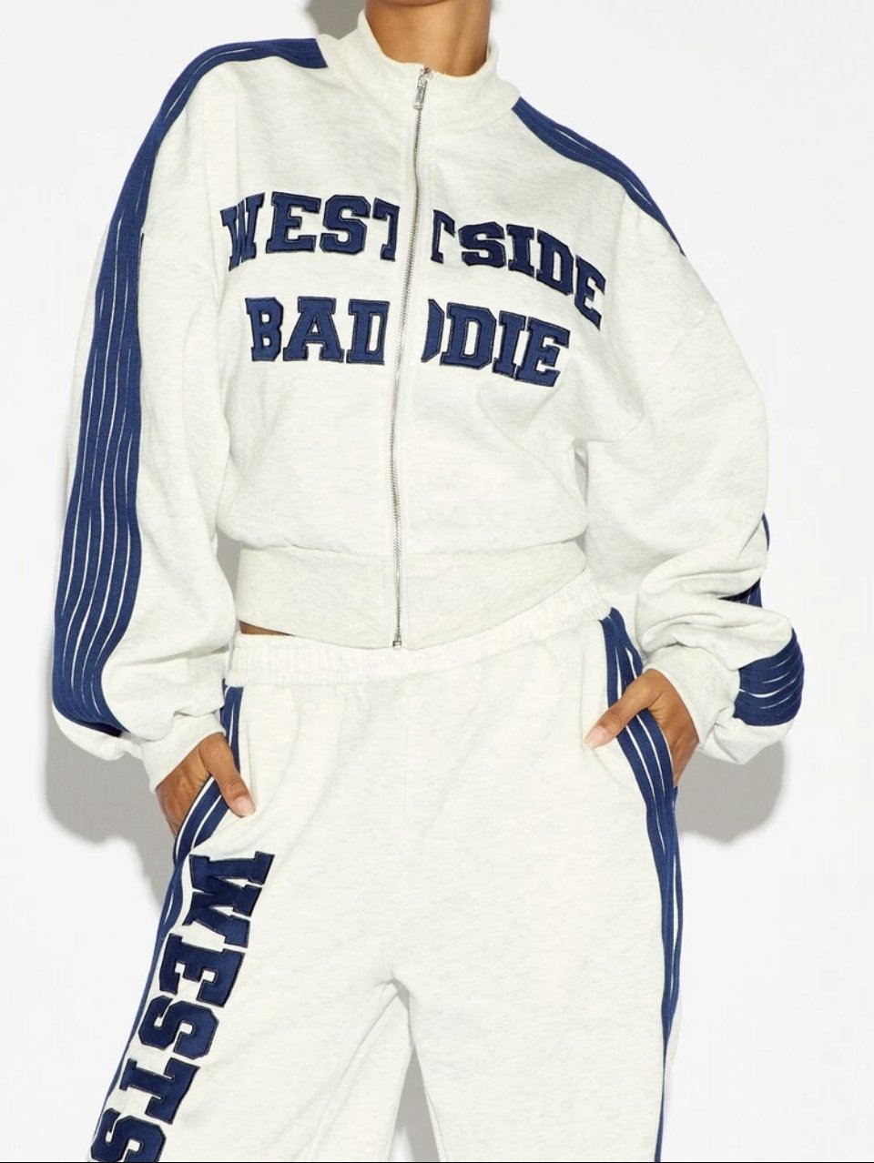Westside Baddie Zip Jacket and Joggers Set White Navy - Varsity Tracksuit