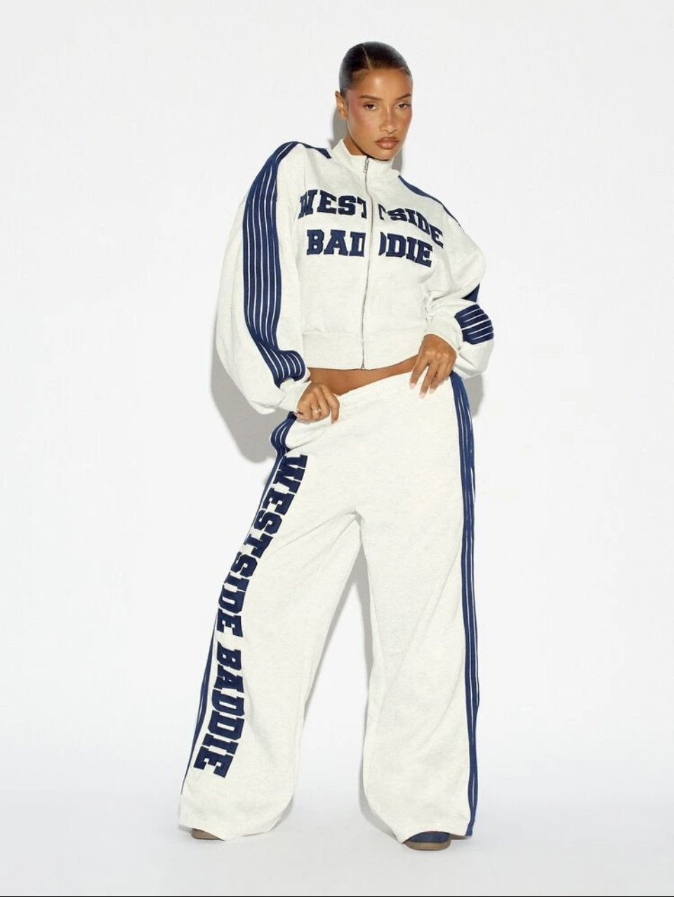 Westside Baddie Zip Jacket and Joggers Set White Navy - Varsity Tracksuit