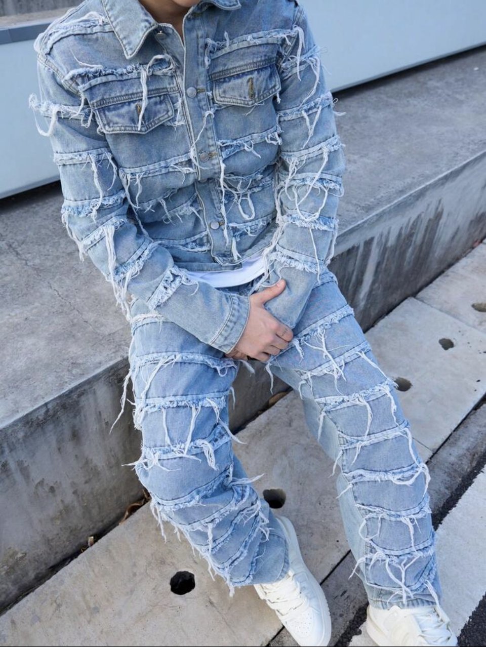 Distressed Denim Jacket and Jeans Set Light Blue - Frayed Two Piece