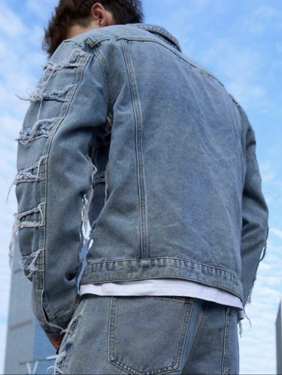 Distressed Denim Jacket and Jeans Set Light Blue - Frayed Two Piece