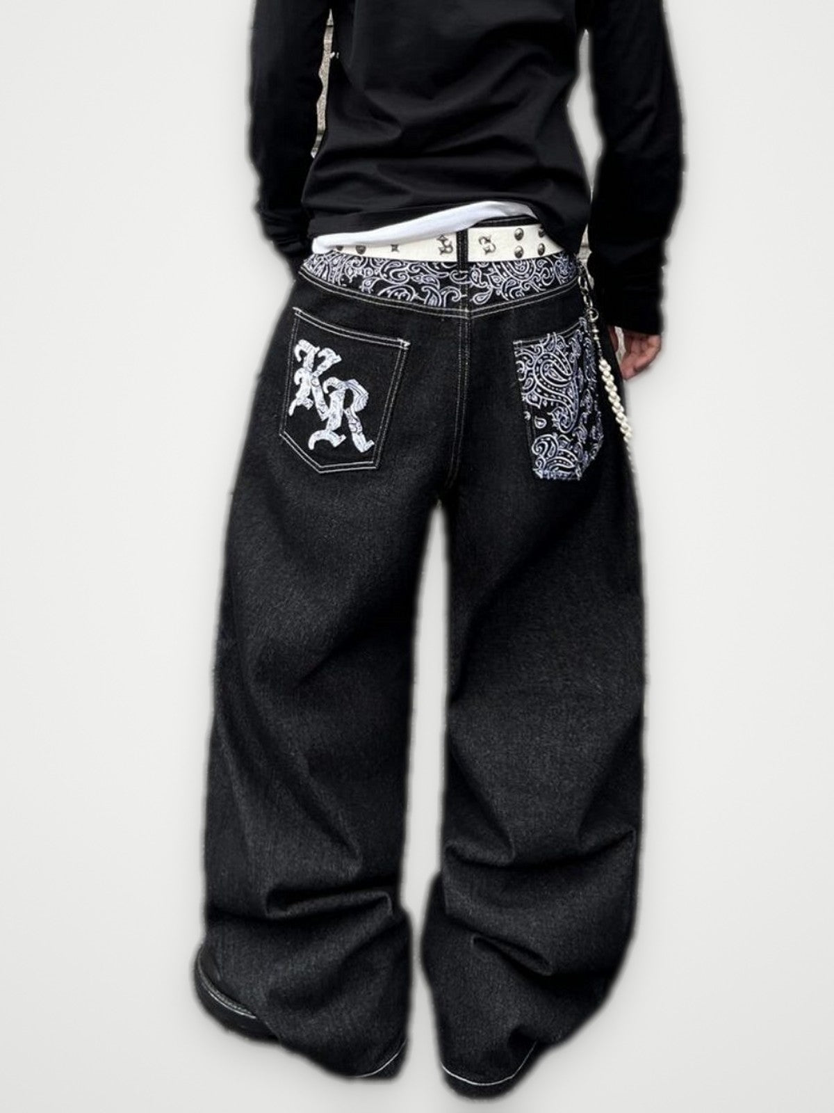 Bandana Pocket Baggy Jeans Black - Gothic Letter Embroidery | Obsyde