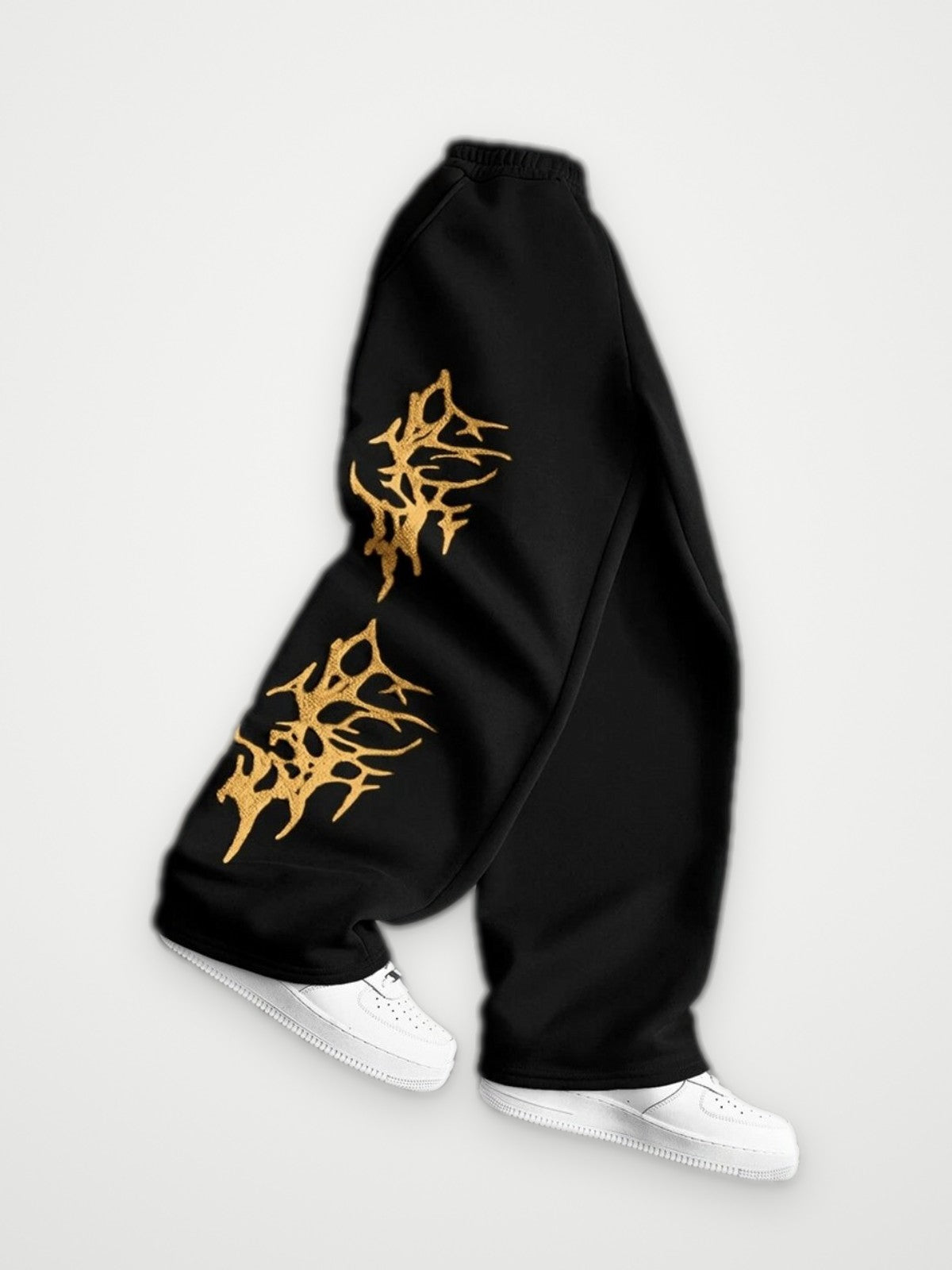 Barbed Flame Embroidered Joggers Black - Gold Gothic Wide Leg Sweatpants | Obsyde