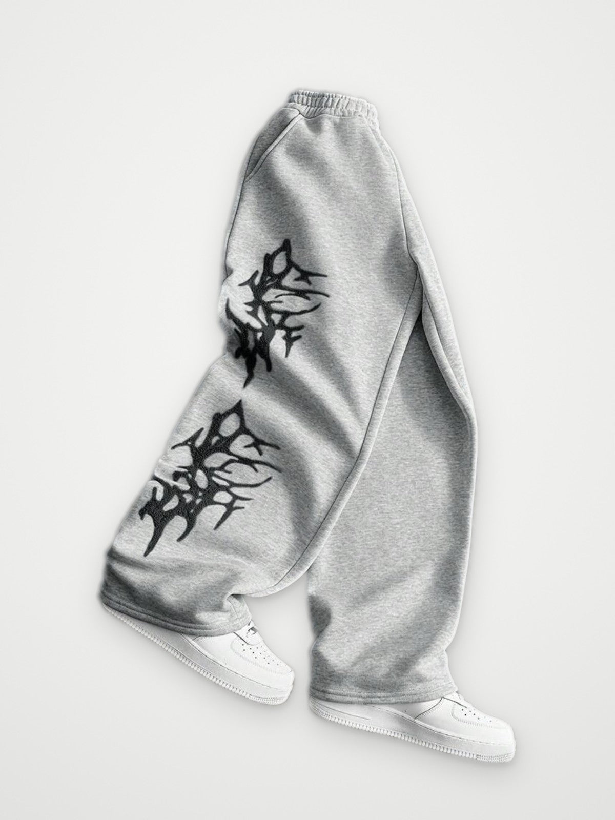 Barbed Flame Embroidered Joggers Grey - Black Gothic Wide Leg Sweatpants | Obsyde