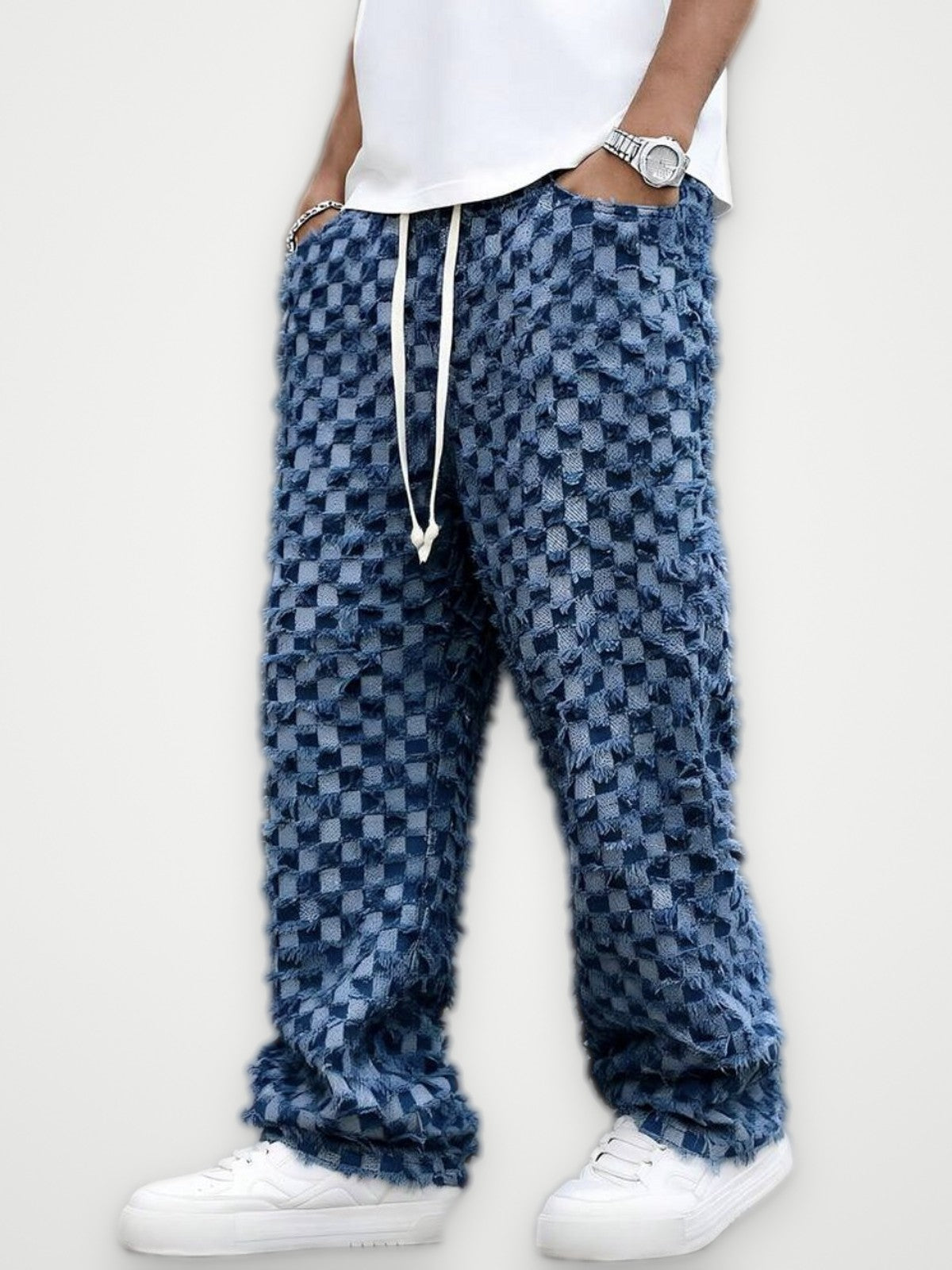 Checkered Baggy Jeans Dark Blue - Drawstring Wide Leg Denim | Obsyde