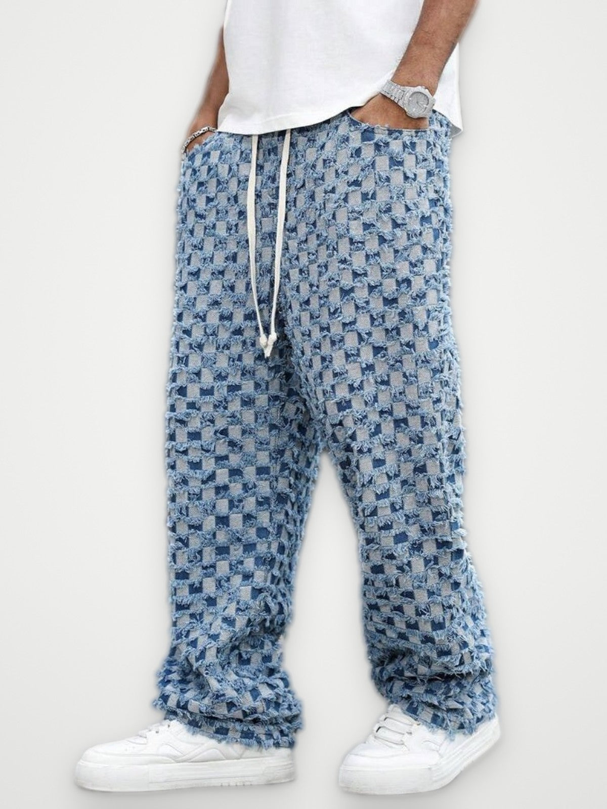 Checkered Baggy Jeans Light Blue - Drawstring Wide Leg Denim | Obsyde