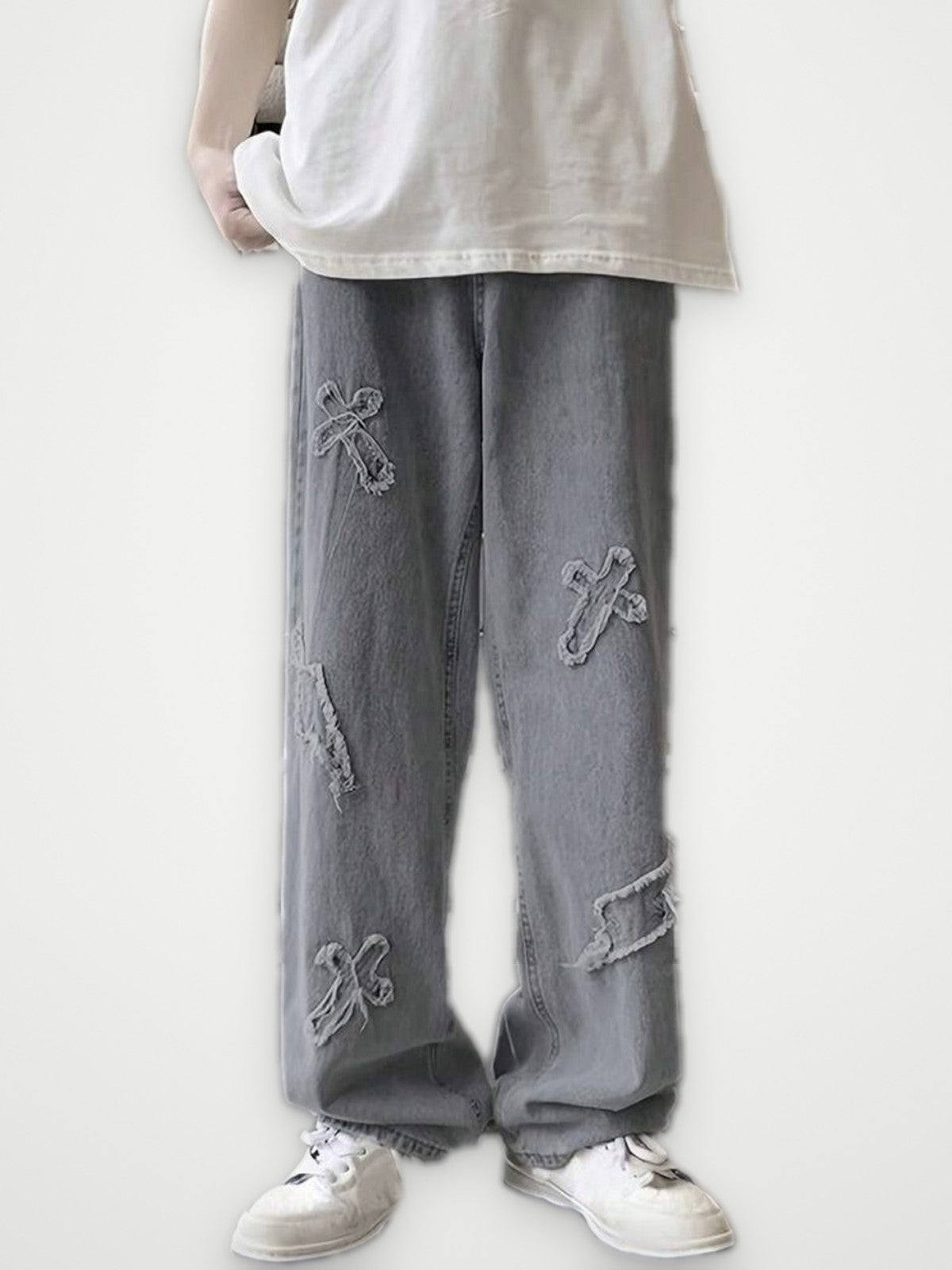 Cross Patch Jeans Grey - Distressed Wide Leg Denim | Obsyde