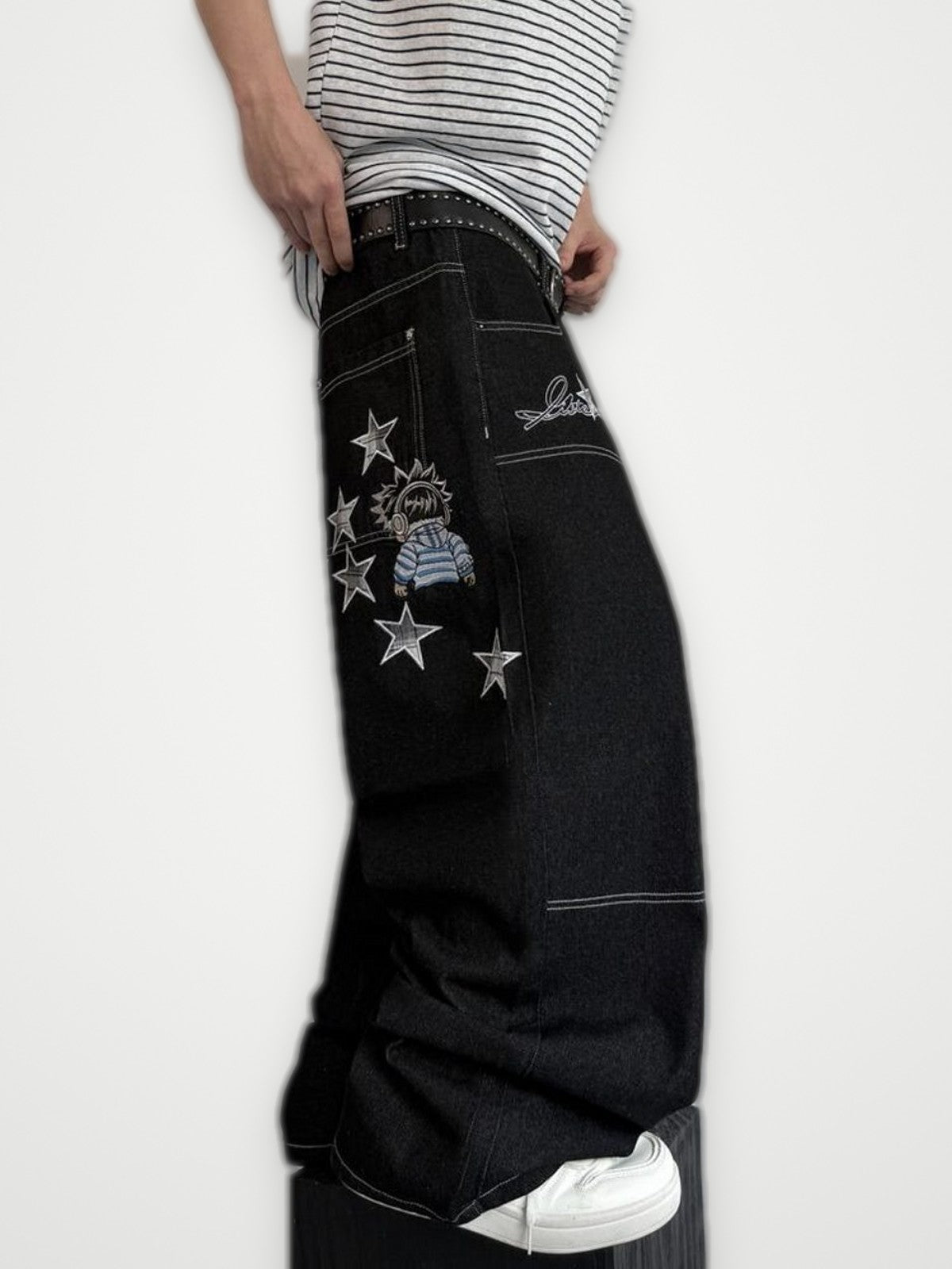 Embroidered Star Baggy Jeans Black - Contrast Stitch Wide Leg | Obsyde
