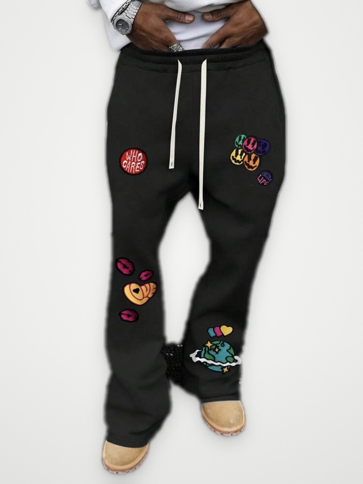 Facing Life Patch Joggers Black - Chenille Smiley Patches Flared Sweatpants | Obsyde