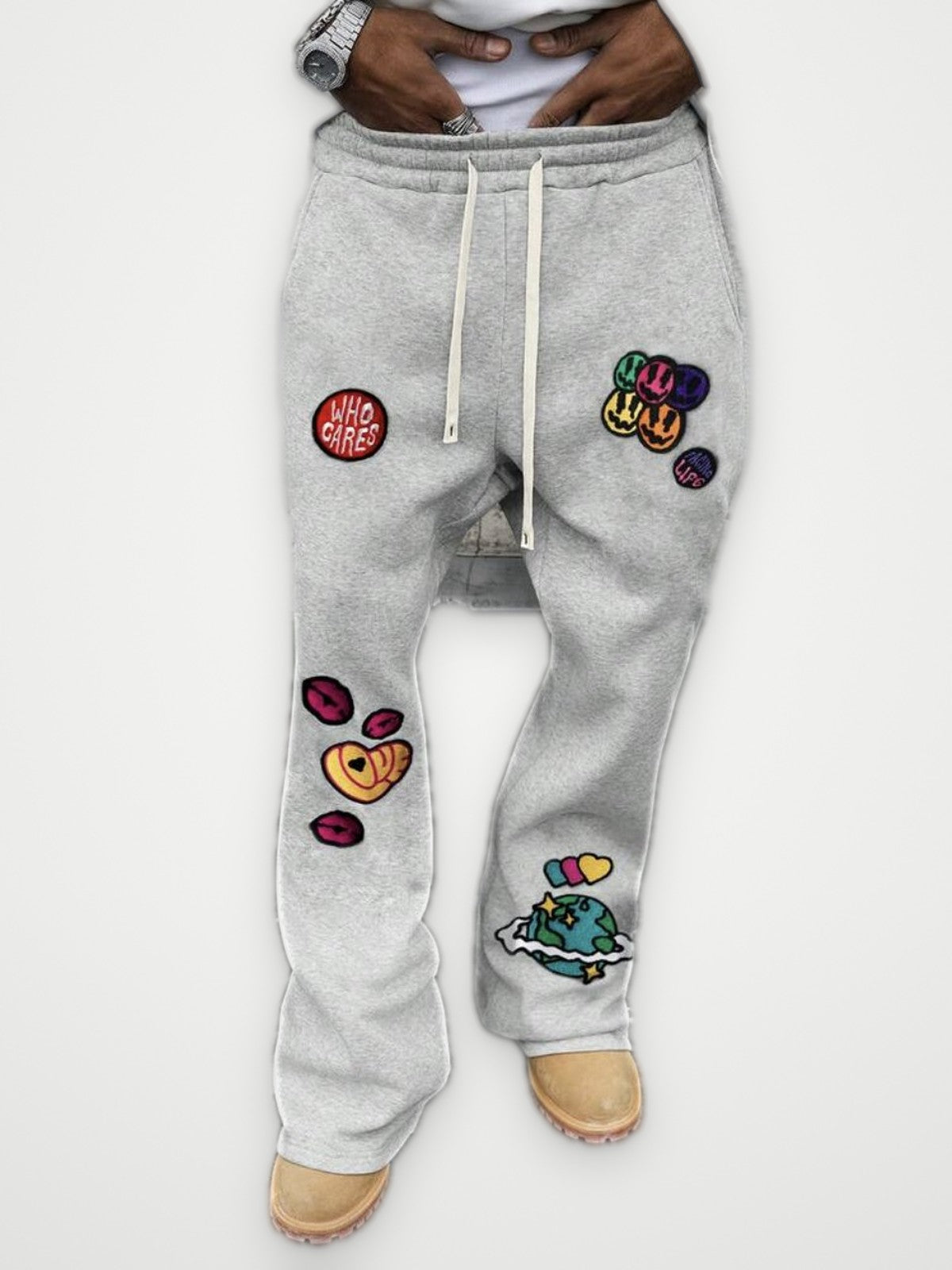 Facing Life Patch Joggers Grey - Chenille Smiley Patches Flared Sweatpants | Obsyde