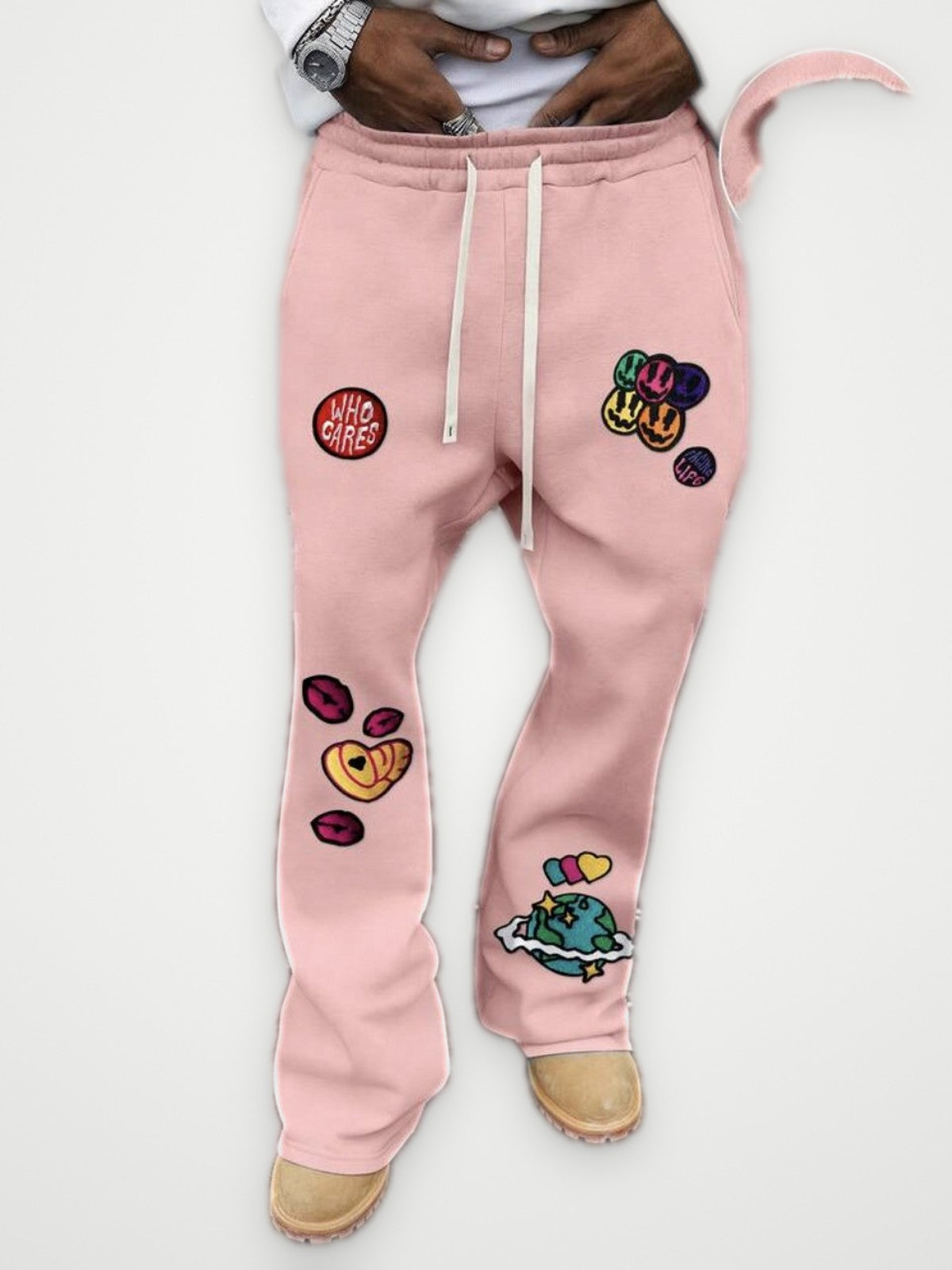 Facing Life Patch Joggers Pink - Chenille Smiley Patches Flared Sweatpants | Obsyde