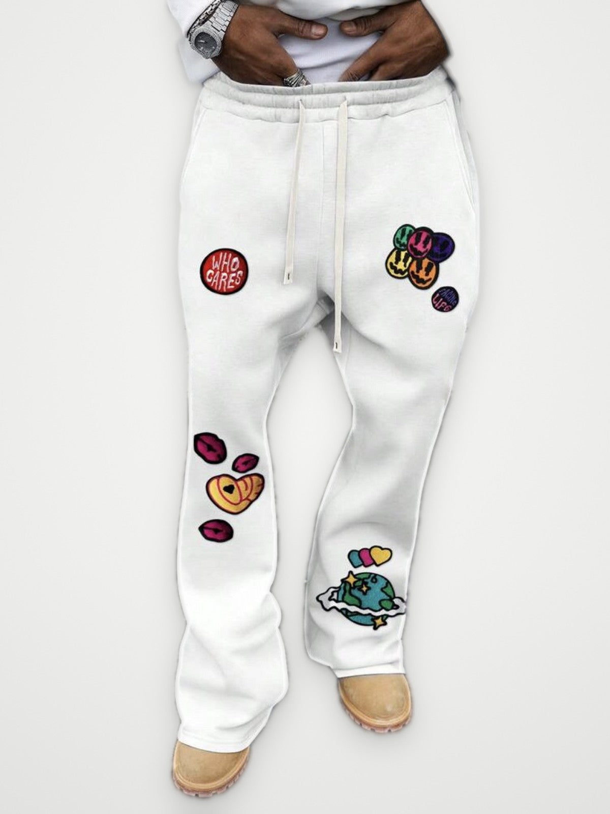 Facing Life Patch Joggers White - Chenille Smiley Patches Flared Sweatpants | Obsyde