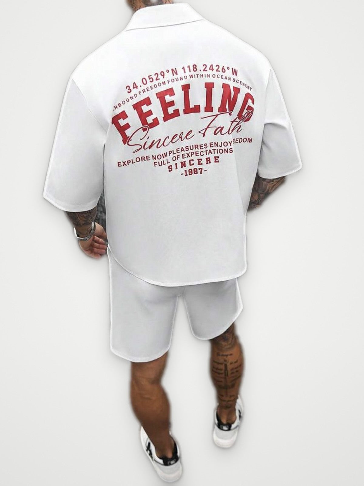 Feeling Embroidered Shirt and Shorts Set White - Red Back Print Two Piece | Obsyde
