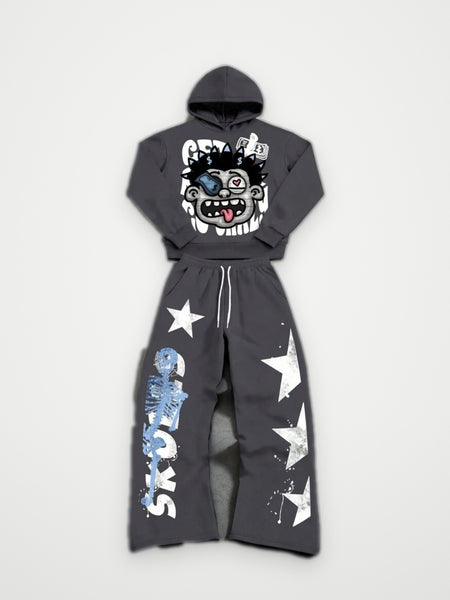 Get Rich Graphic Hoodie and Joggers Set Dark Grey - Star Print Tracksuit
