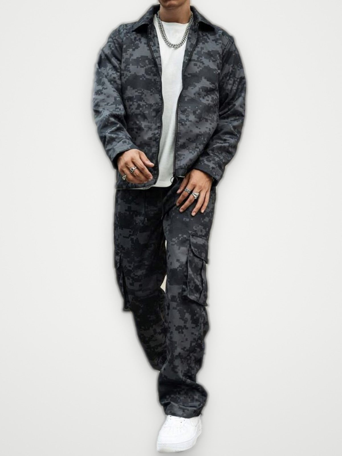Grey Camo Jacket and Cargo Pants Set - Streetwear Two Piece | Obsyde