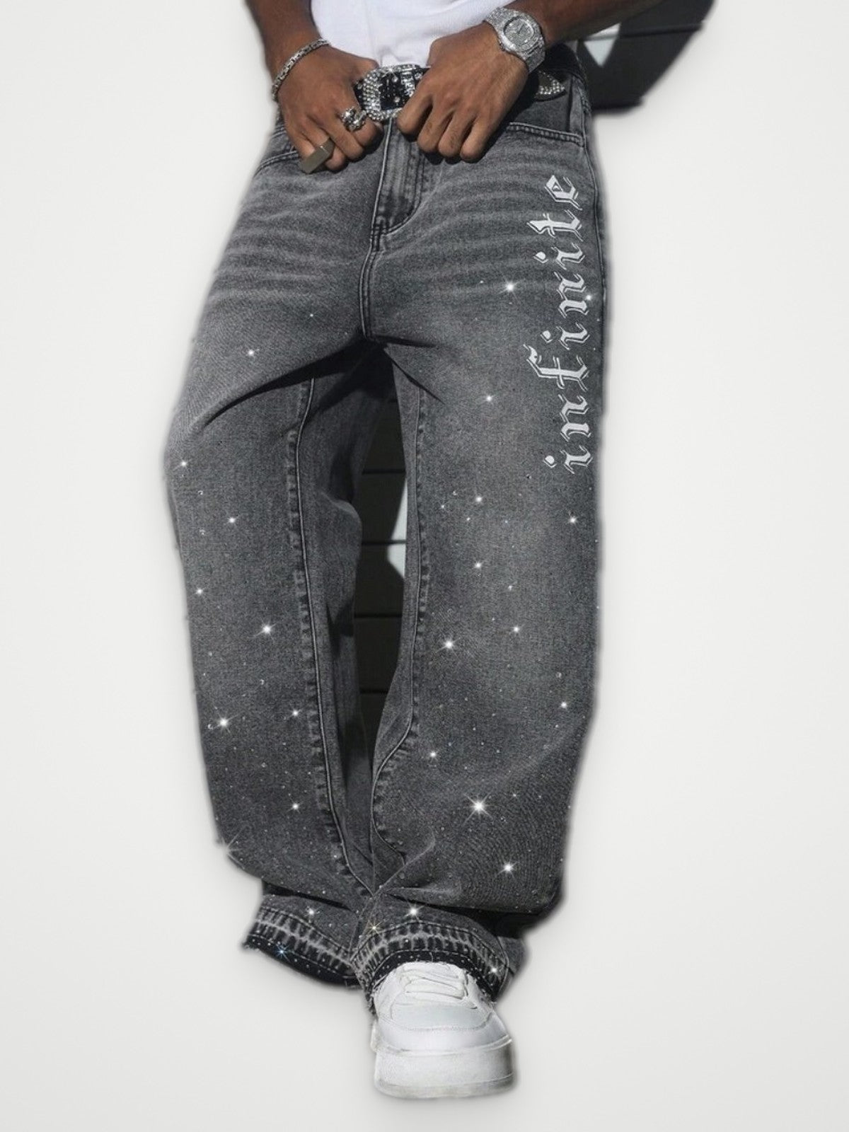 Infinite Baggy Jeans Grey - Star Print Wide Leg Denim | Obsyde