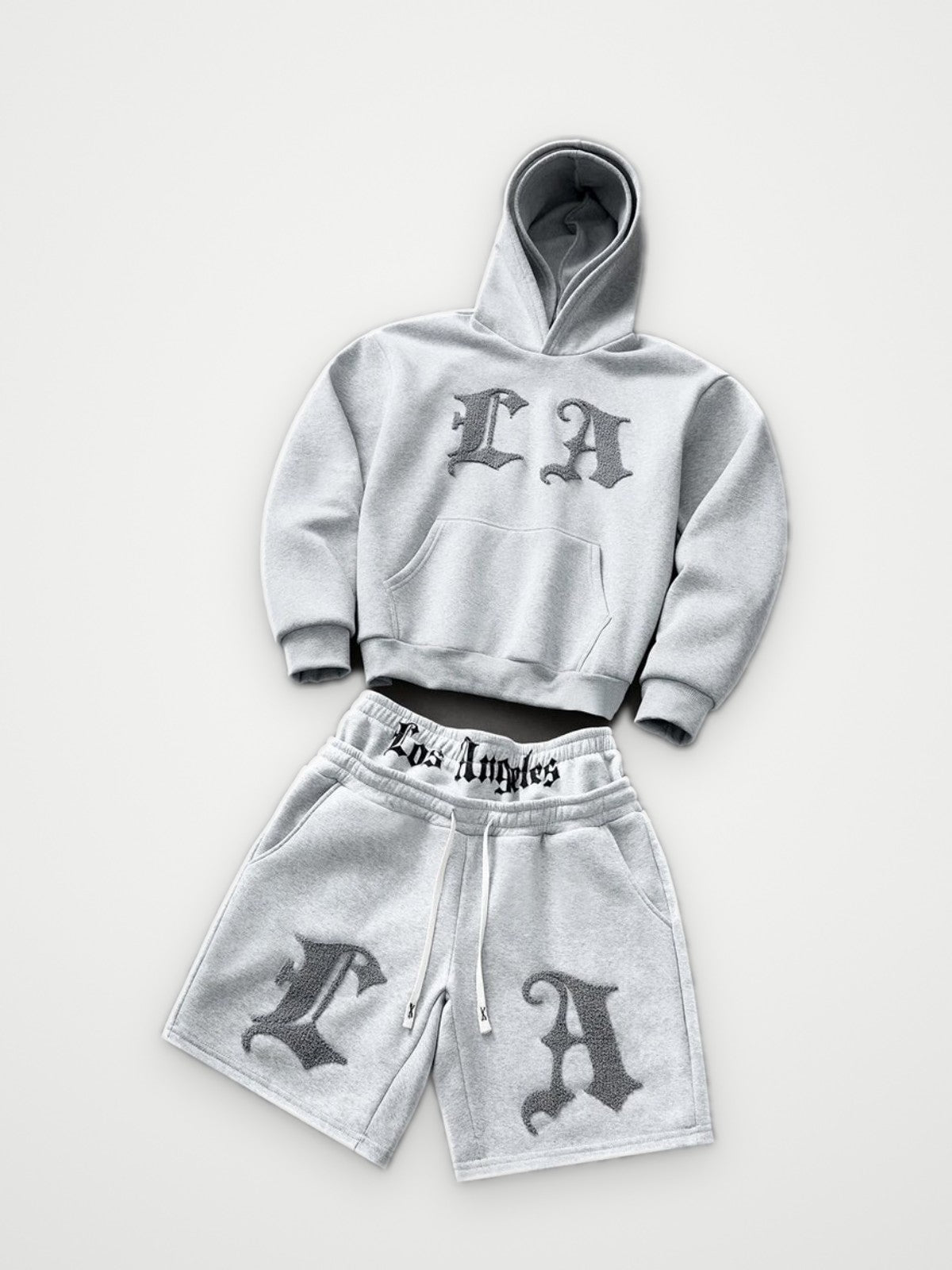 LA Gothic Letter Hoodie and Shorts Set Grey - Chenille Two Piece | Obsyde