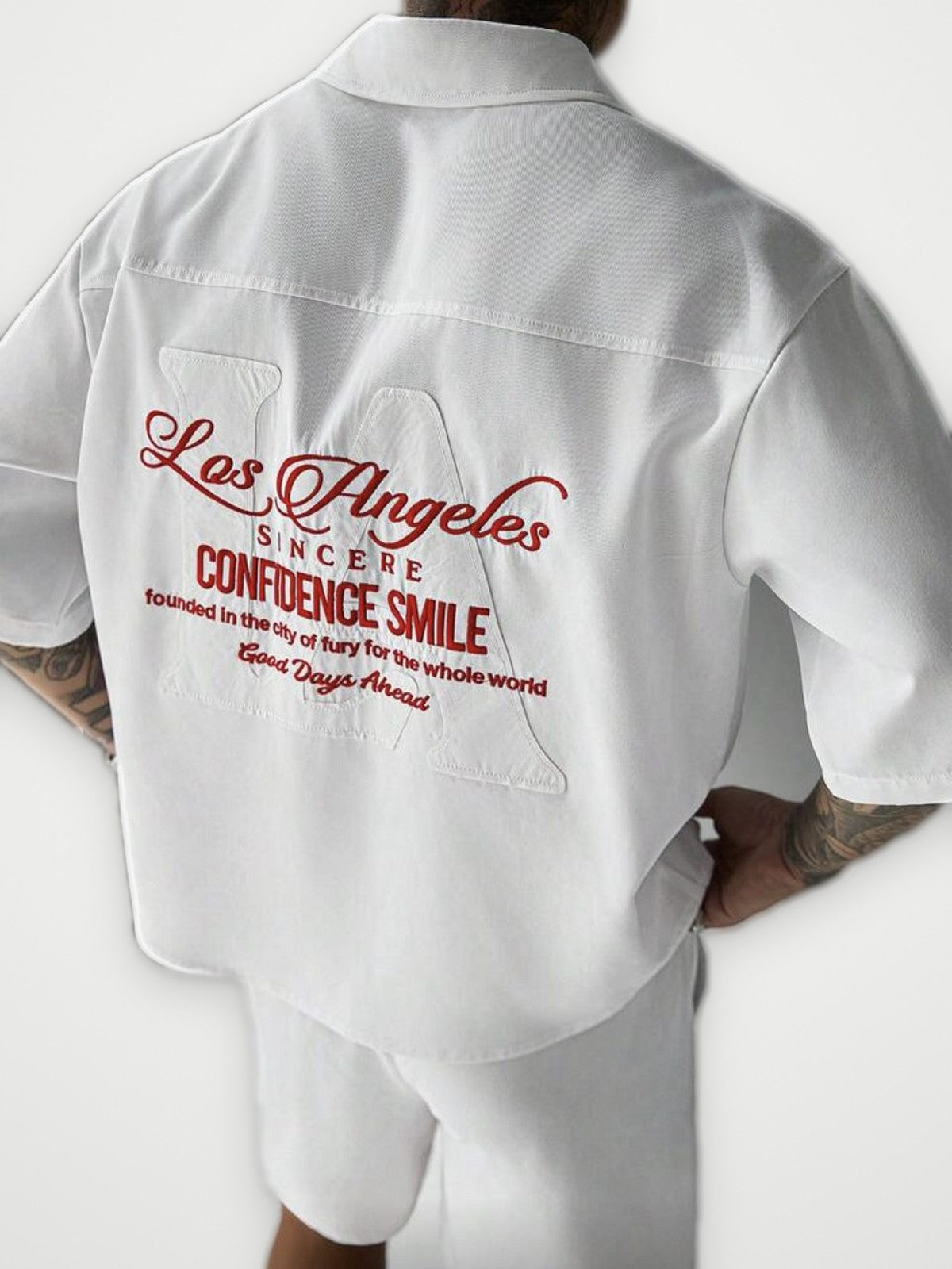 Los Angeles Embroidered Shirt and Shorts Set White | Obsyde