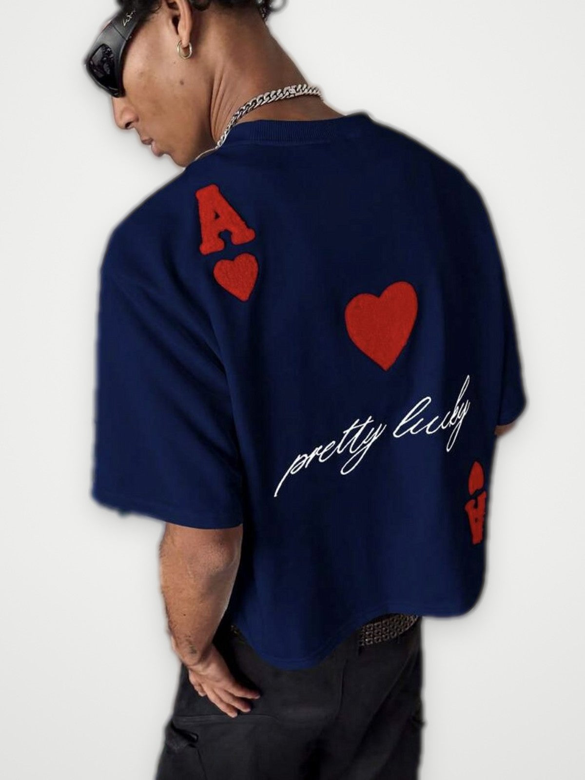 Pretty Lucky Ace of Hearts T-Shirt Navy - Red Patch Oversized Tee | Obsyde