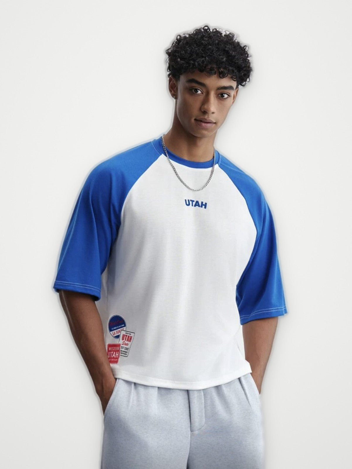 Raglan T-Shirt White and Blue - Contrast Sleeve Oversized Tee | Obsyde