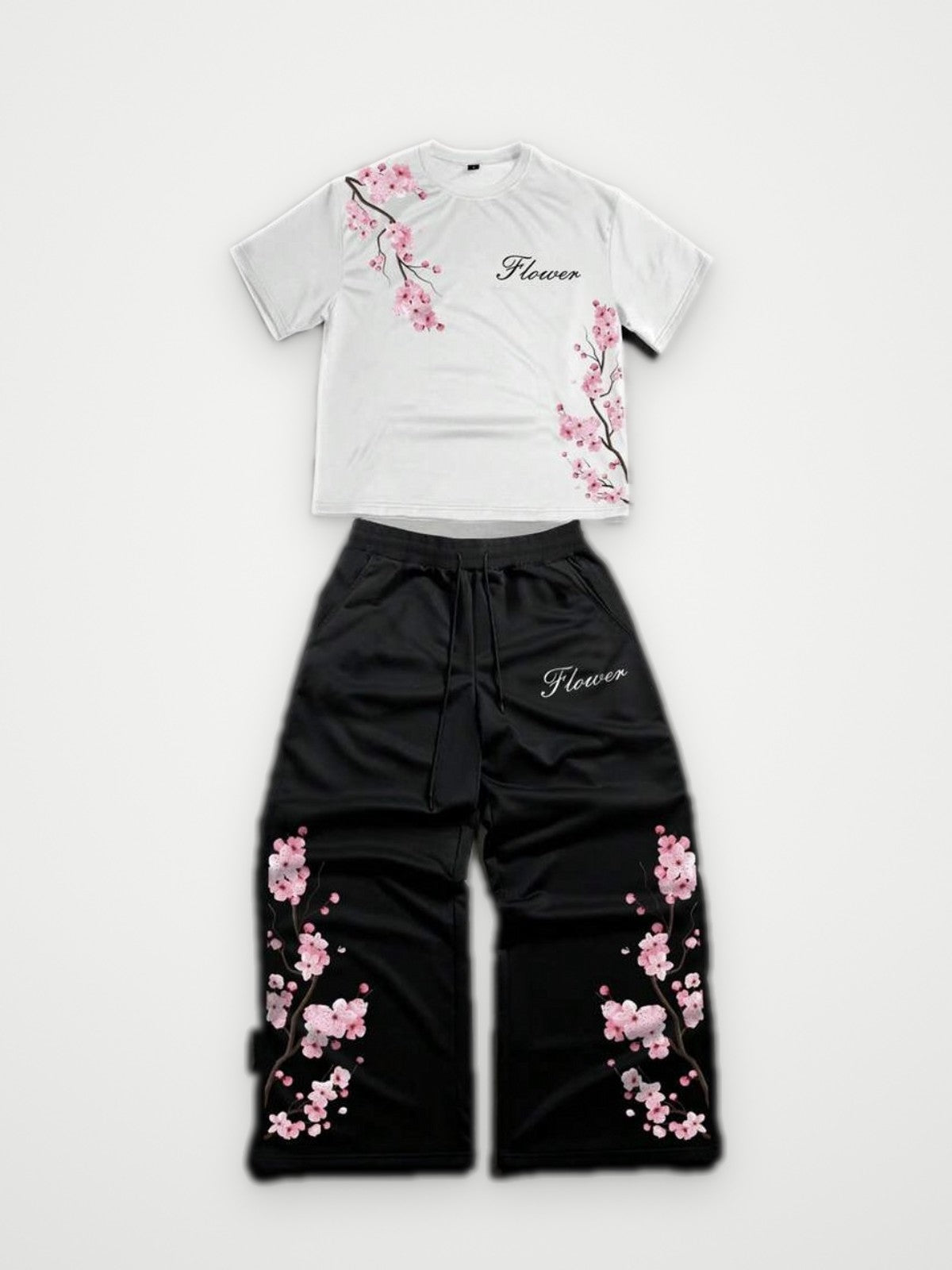 Sakura Flower Tee and Pants Set White Black - Cherry Blossom Two Piece | Obsyde