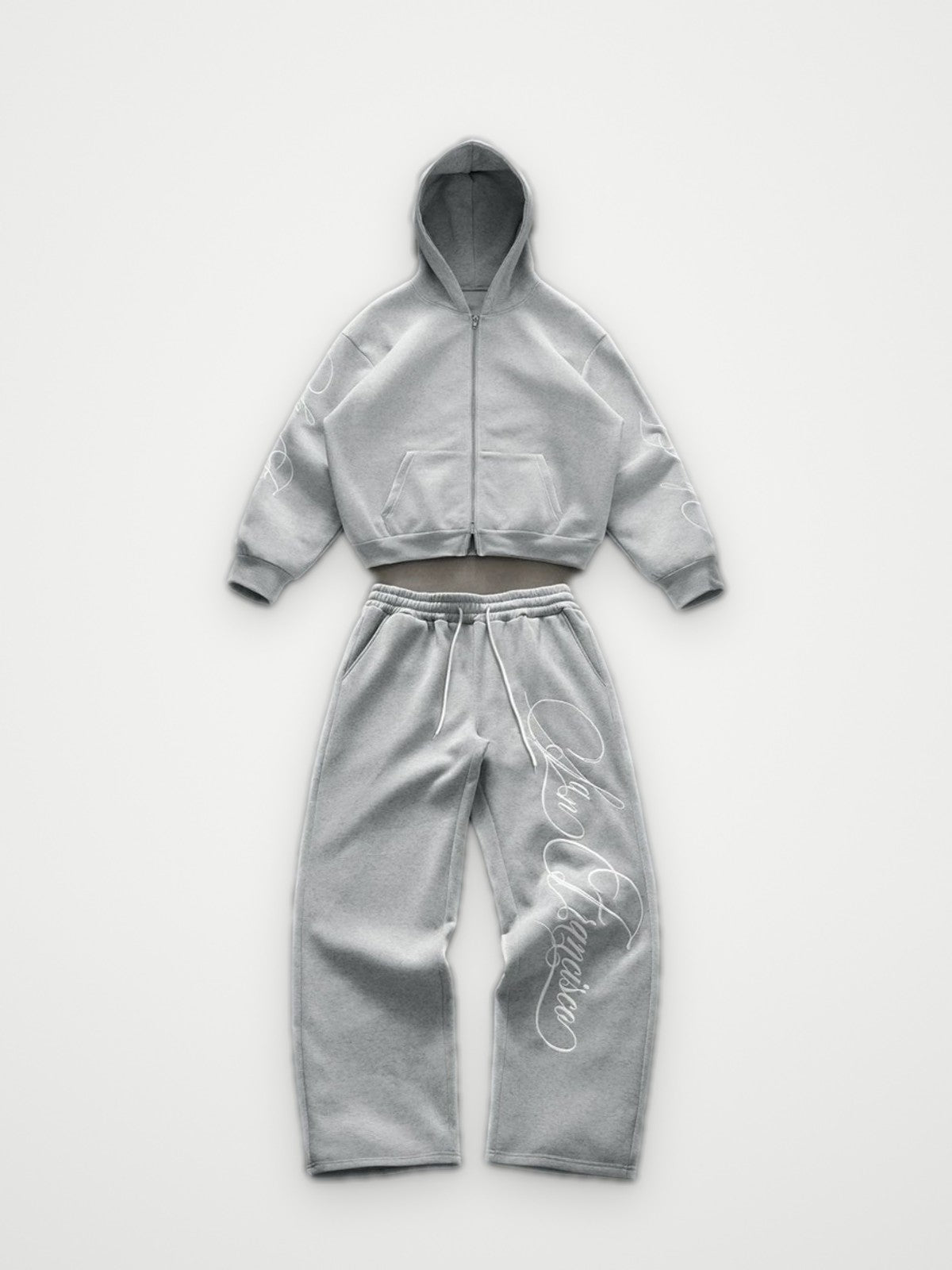 San Francisco Zip Hoodie and Joggers Set Grey - Embroidered Script Tracksuit | Obsyde