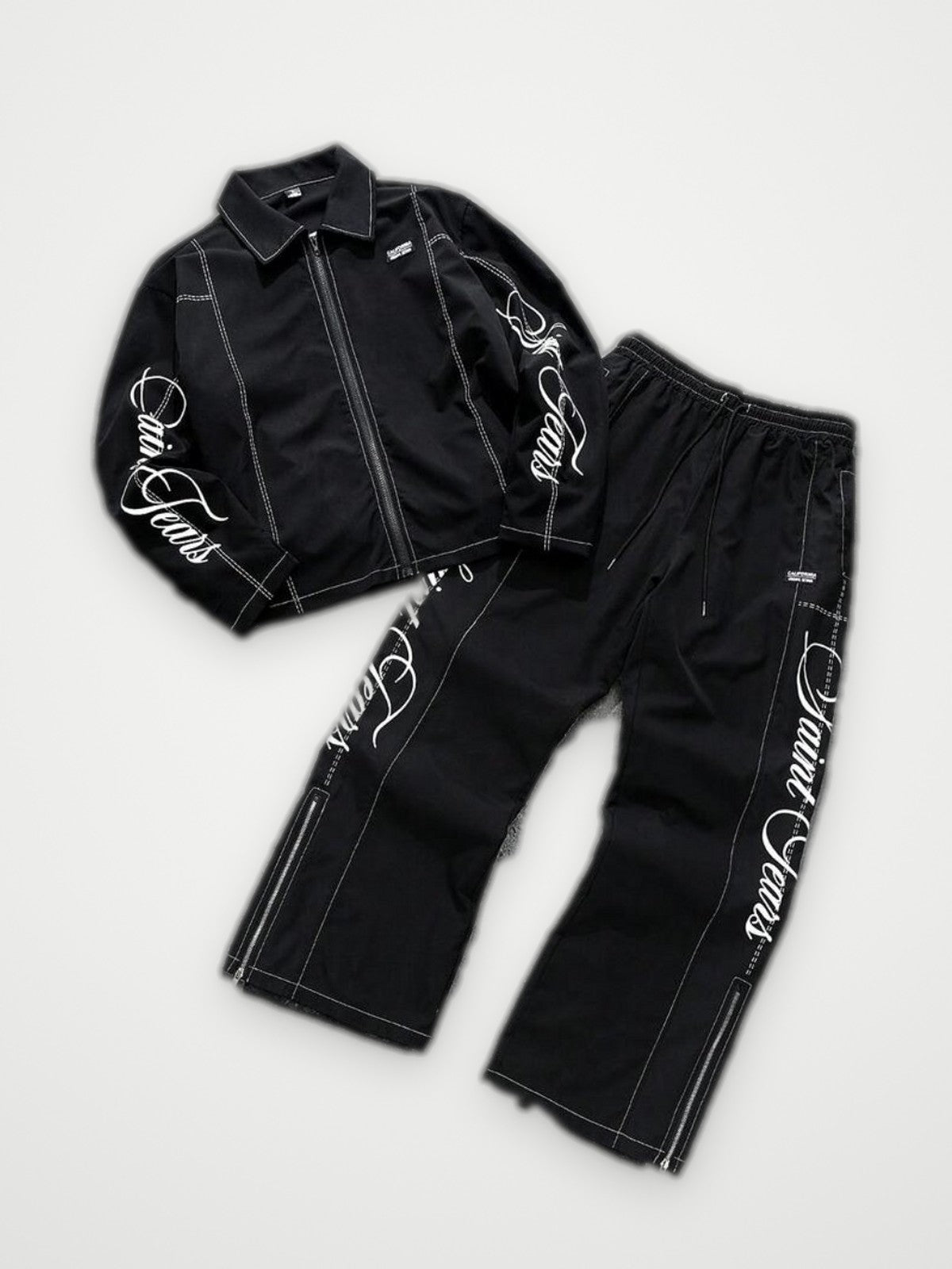 Script Embroidered Jacket and Pants Set Black - Contrast Stitch Two Piece | Obsyde