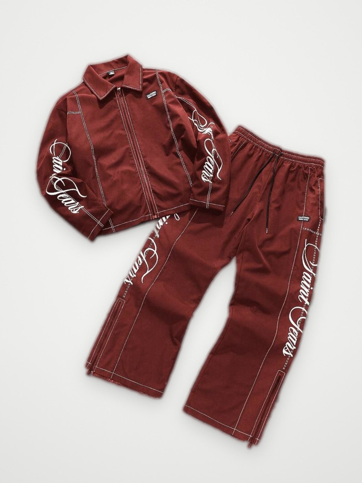 Script Embroidered Jacket and Pants Set Burgundy - Contrast Stitch Two Piece | Obsyde