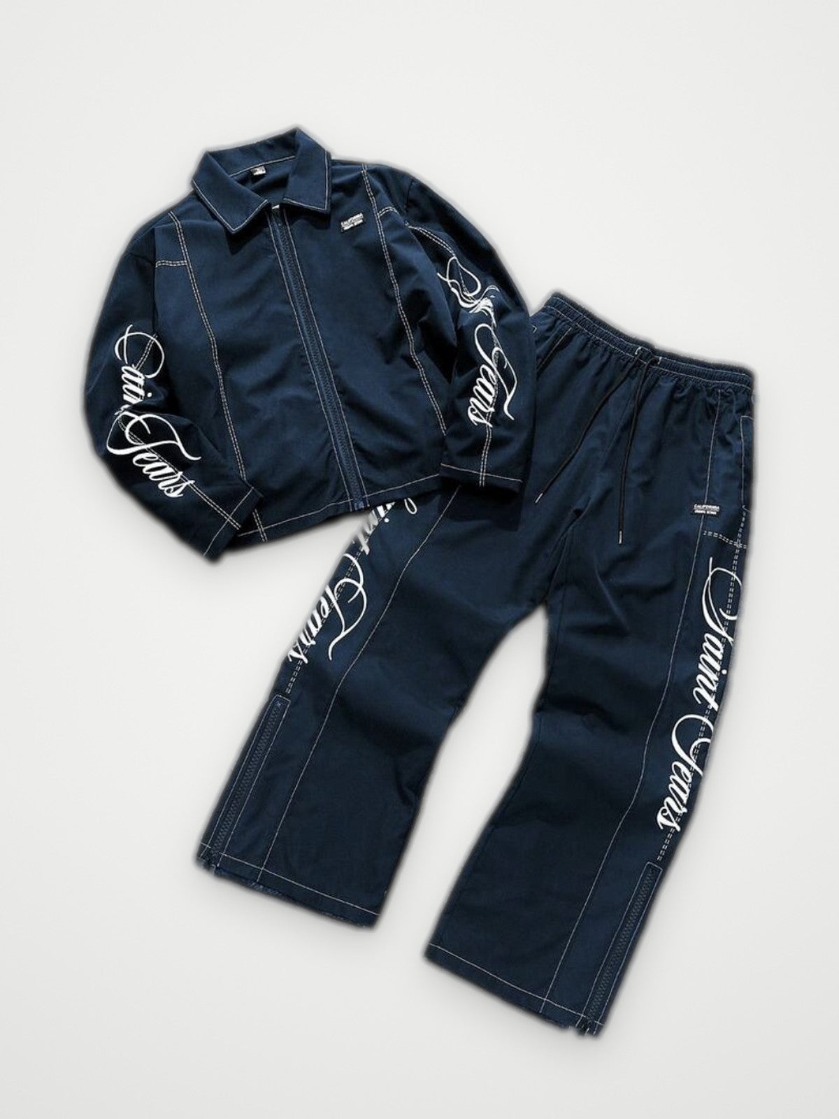Script Embroidered Jacket and Pants Set Navy - Contrast Stitch Two Piece | Obsyde