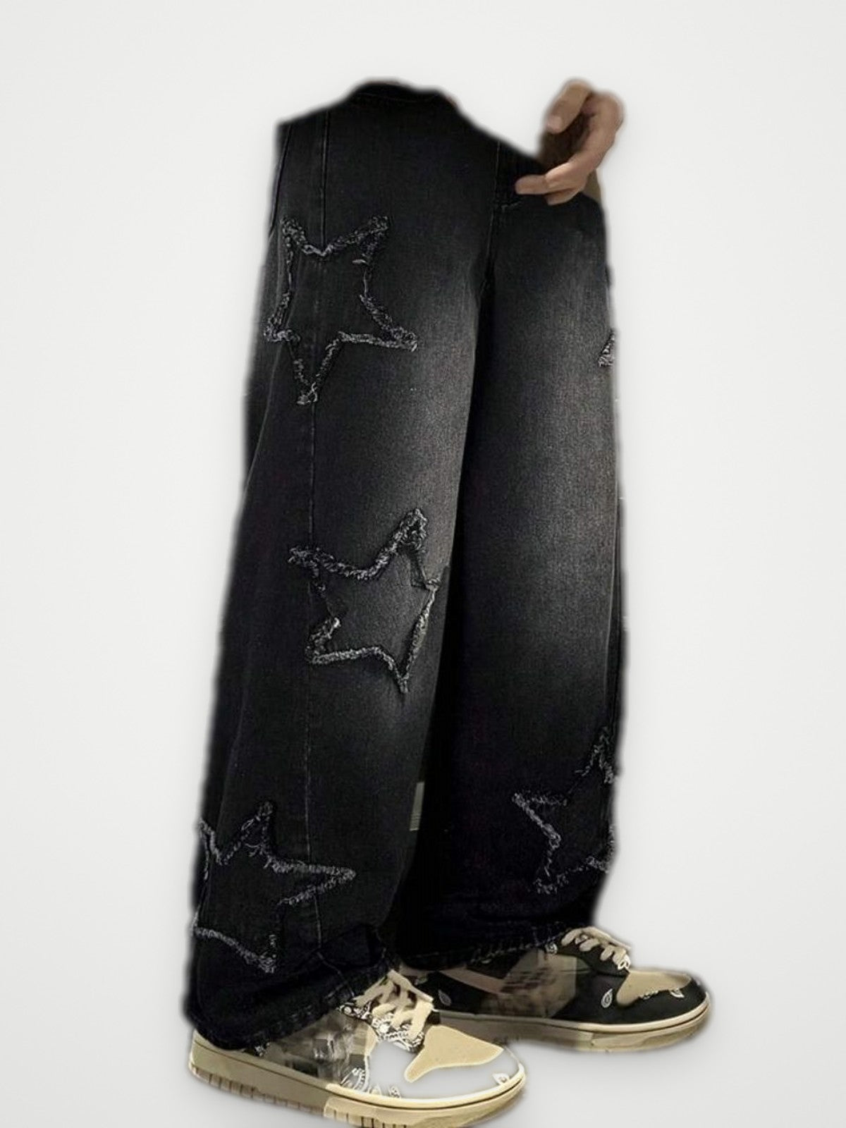 Star Patch Baggy Jeans Black - Distressed Star Wide Leg Denim | Obsyde