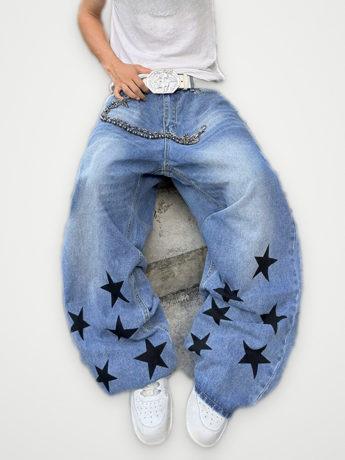 Star Print Baggy Jeans Light Blue - Black Stars Wide Leg Denim | Obsyde