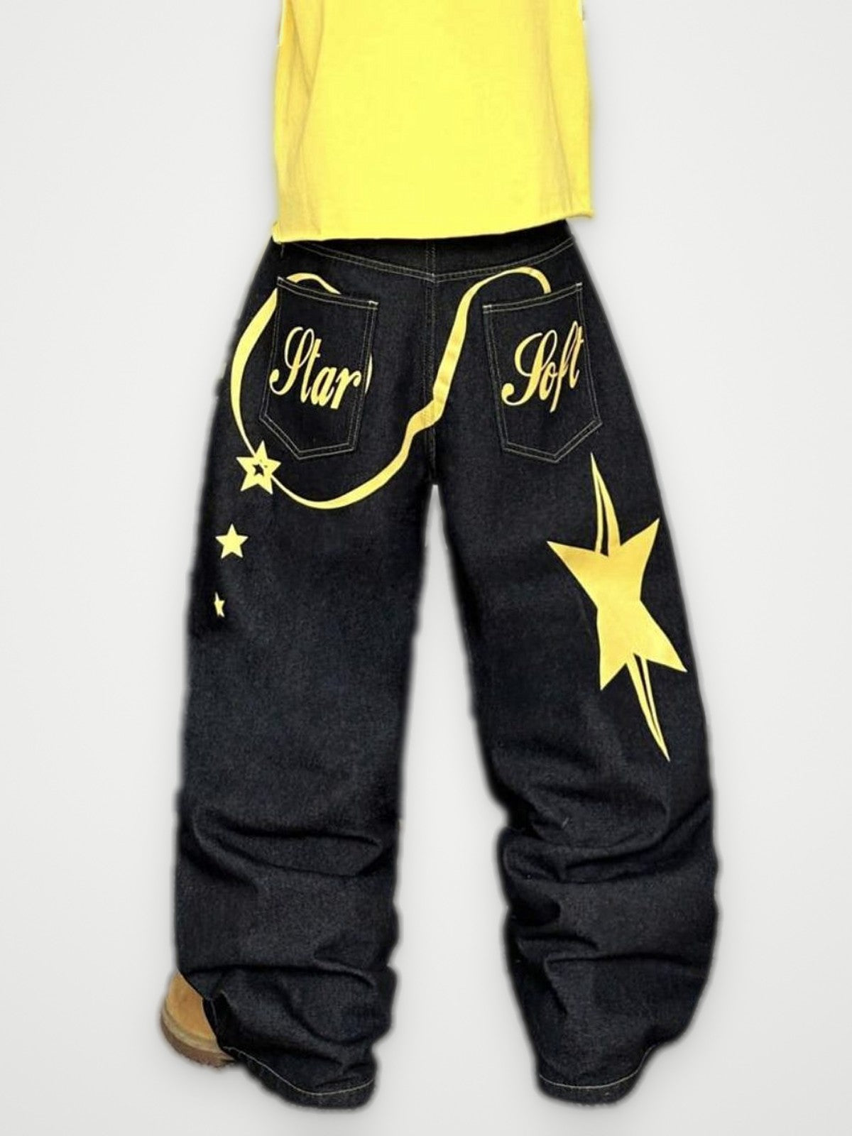 Star Soft Baggy Jeans Raw Black - Yellow Star Embroidery Wide Leg | Obsyde
