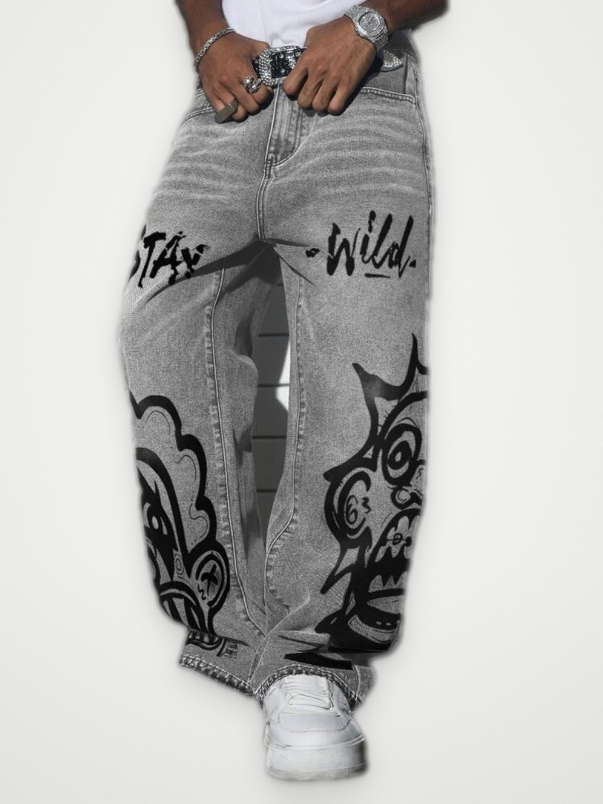 Stay Wild Baggy Jeans Light Grey - Graffiti Print Wide Leg Denim | Obsyde